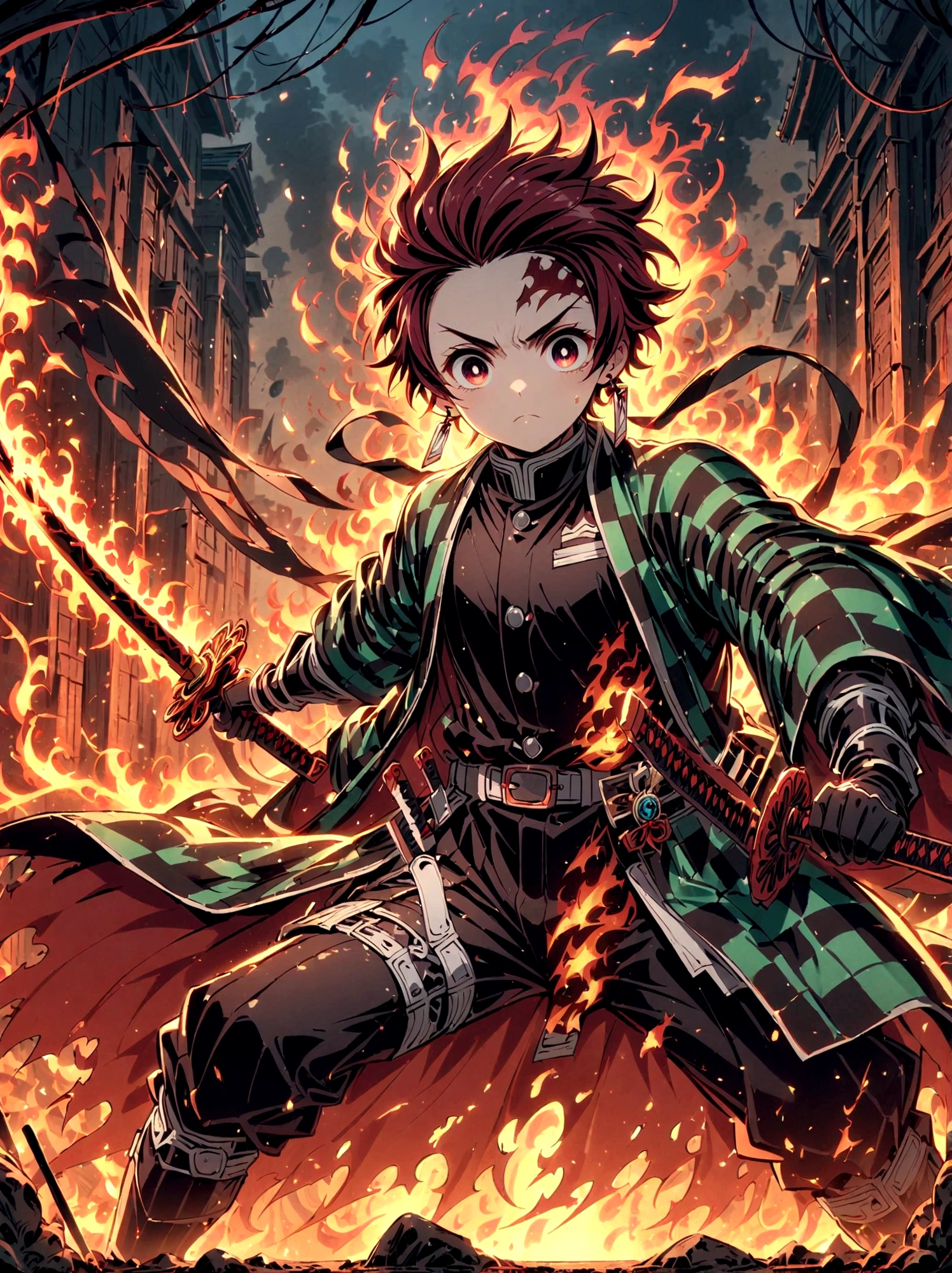 Kamado Tanjirou, Demon Slayer anime, Weapon Focus，Bright red hair, Sparkling red eyes，muscular，Intricate tattoos，(Holding a burning katana:1.5)，An element of danger and tension，Plaid clothes, demon slayer uniform, Black pants, fighting, Fire, explode, Dynamic poses, temple, Vision