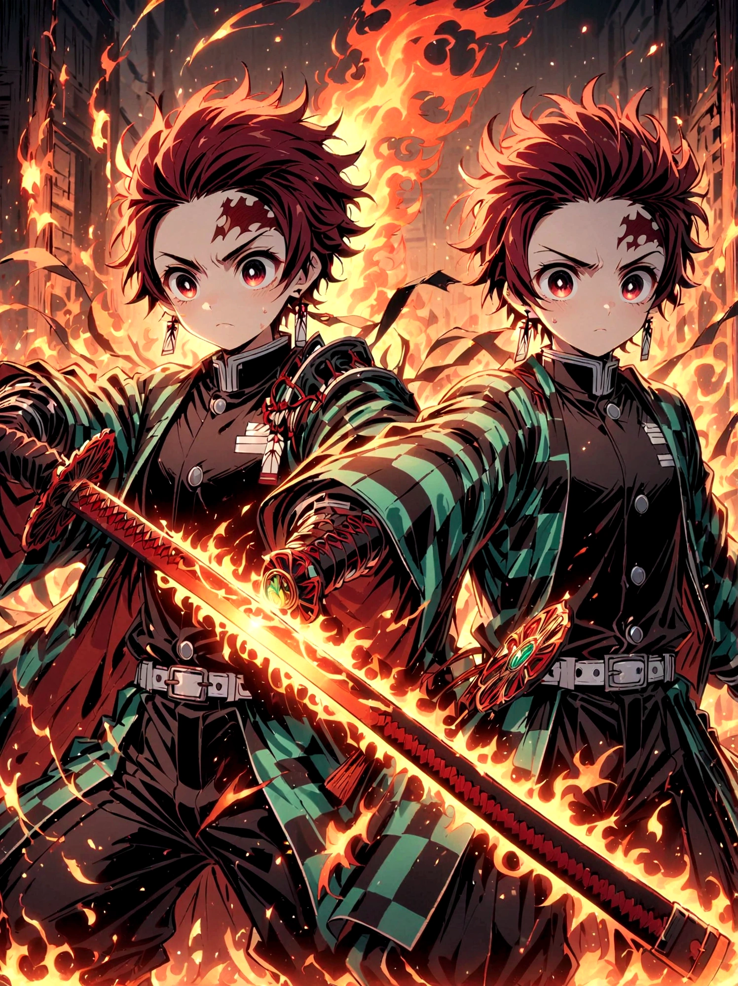 Kamado Tanjirou, Demon Slayer anime, Weapon Focus，Bright red hair, Sparkling red eyes，muscular，Intricate tattoos，(Holding a burning katana:1.5)，An element of danger and tension，Plaid clothes, demon slayer uniform, Black pants, fighting, Fire, explode, Dynamic poses, temple, Vision