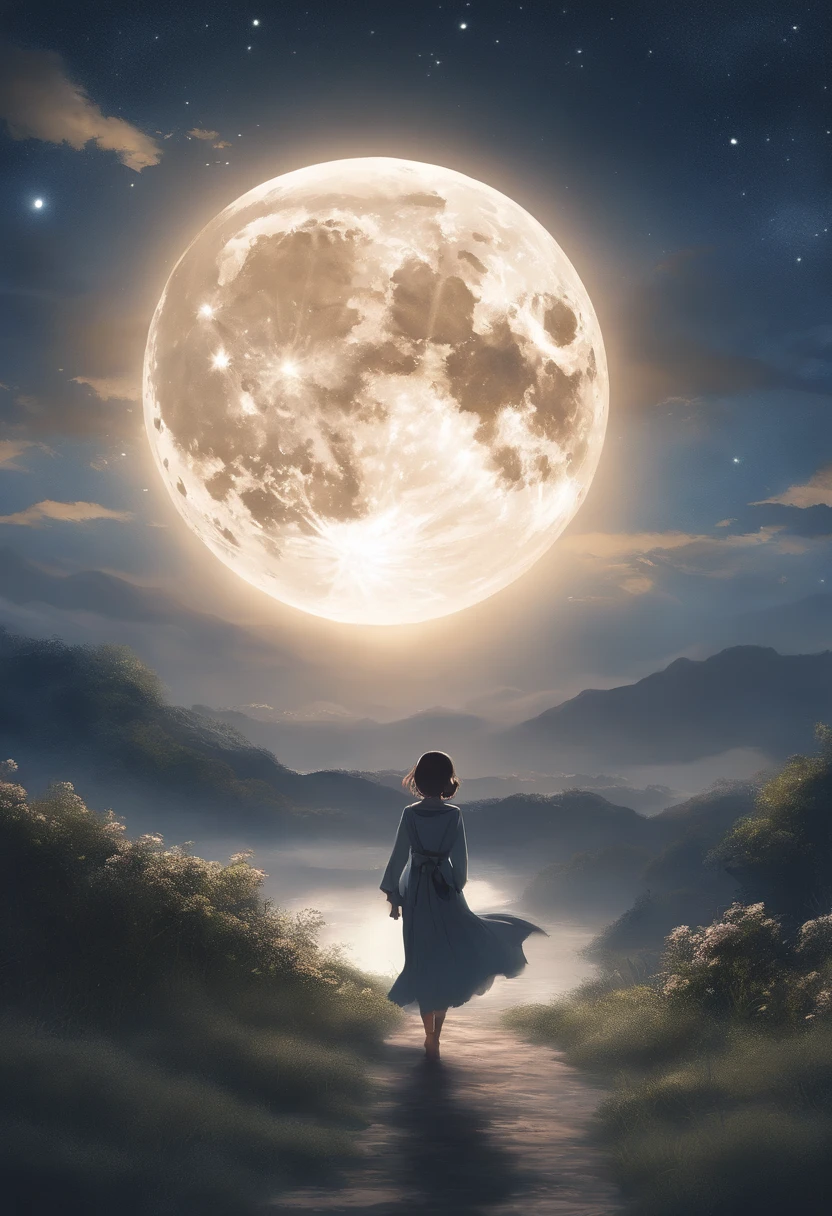 Condensed beauty,Through the sky, Starry moon painting, Concept art inspired by Mitsuoki Tosa, pixiv Contest Winner, highest quality, Fantasy art, Beautiful anime scene, Bright Moon, Starry Sky environment in moonlight, Dream painting, Anime Background Art, dream scenery art, Great night, Anime Background, Background artwork, Dreamy art, Atmospheric anime, Starry Sky, Detail enhancements.