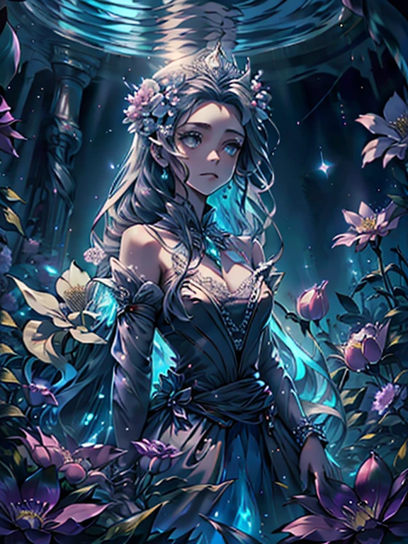 A princess, glowing dress, long hair, crystal, flowers