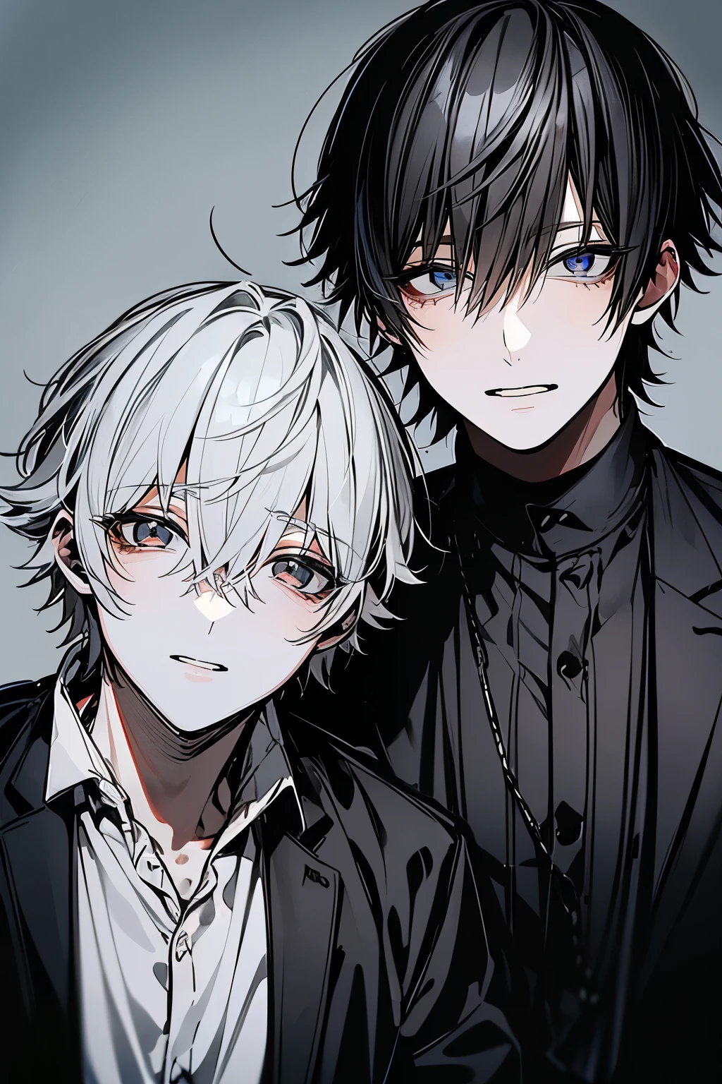 (Mastepiece), (Best Quality), Very detailed, ((Two friendly men)), Perfect Face, Beautiful Face, Very detailed顔，(Black-haired man:1.3)，(Grey-haired man:1.3)，shirt