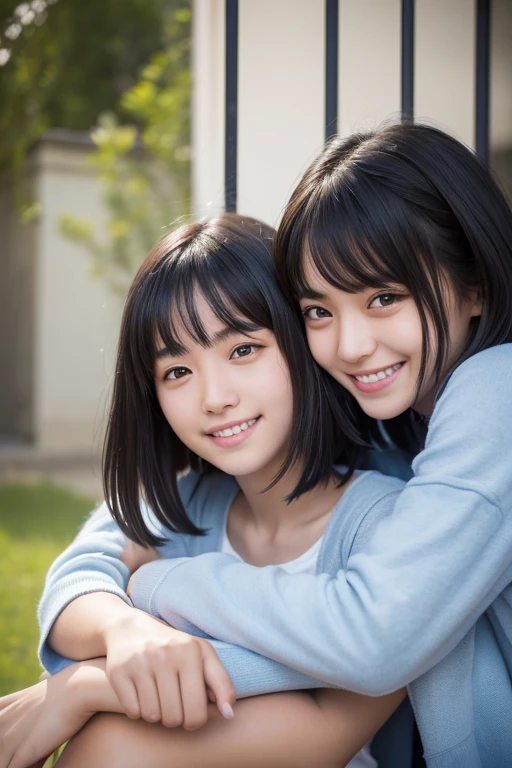 ((Three 20-year-old girls smiling and huddling together)), Blowing in the wind for a long time [Blue-black:.3] hair,Show Viewer, (masterpiece:1.3), (8k, Realistic, RAW Photos, highest quality: 1.4), Japanese, (One Girl), Beautiful Face, (Realistic Face), (black hair, short hair:1.3), beautiful hairstyle, Realistic eyes, Beautiful details, (Realistic Skin), Beautiful Skin, charm, Ultra-high resolution, Ultra-realistic, Very detailed, hostel, Shooting with a smartphone