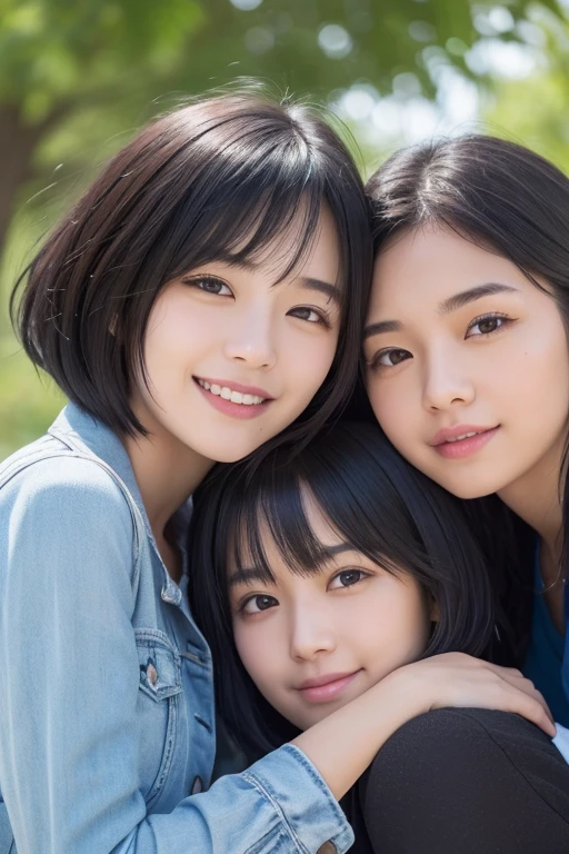 ((Three 20-year-old girls smiling and huddling together)), Blowing in the wind for a long time [Blue-black:.3] hair,Show Viewer, (masterpiece:1.3), (8k, Realistic, RAW Photos, highest quality: 1.4), Japanese, (One Girl), Beautiful Face, (Realistic Face), (black hair, short hair:1.3), beautiful hairstyle, Realistic eyes, Beautiful details, (Realistic Skin), Beautiful Skin, charm, Ultra-high resolution, Ultra-realistic, Very detailed, hostel, Shooting with a smartphone