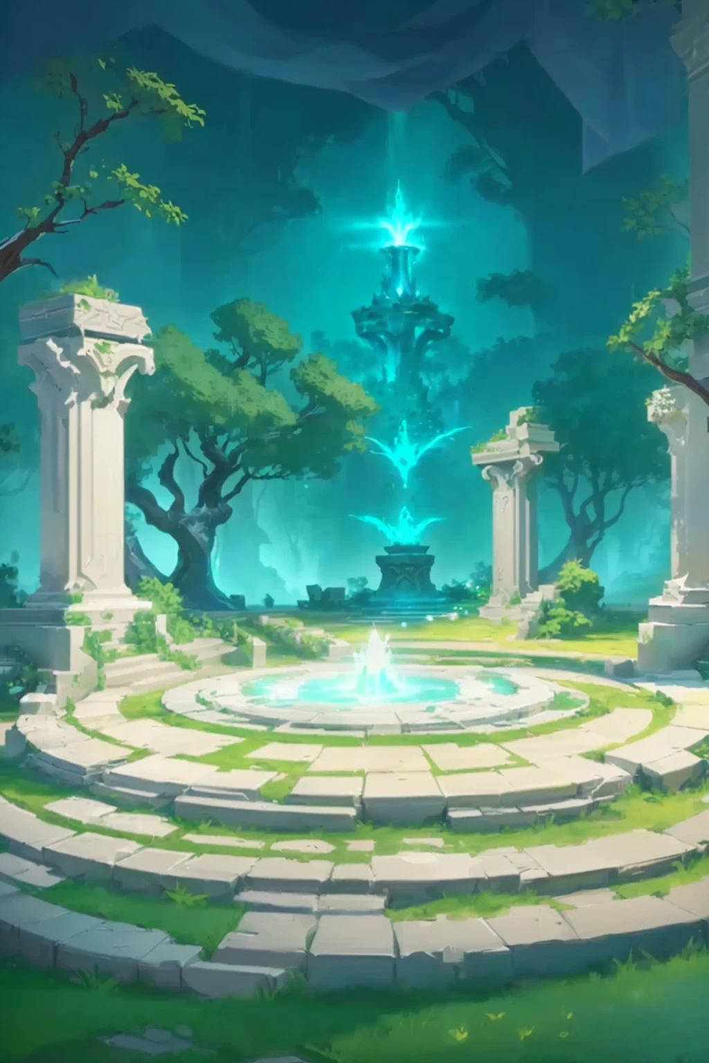 A figure of a fountain surrounded by trees and bushes, odin's stone Arena Background, Riot Games Concept Art, background technology, Concept Art Magic Highlights, stylized concept art, Arena Background, League of Legends concept art, Kingdom of Light Background, Stunning mysterious background, background technologywork, glow concept art, Concept art stunning atmosphere, Blizzard game concept art