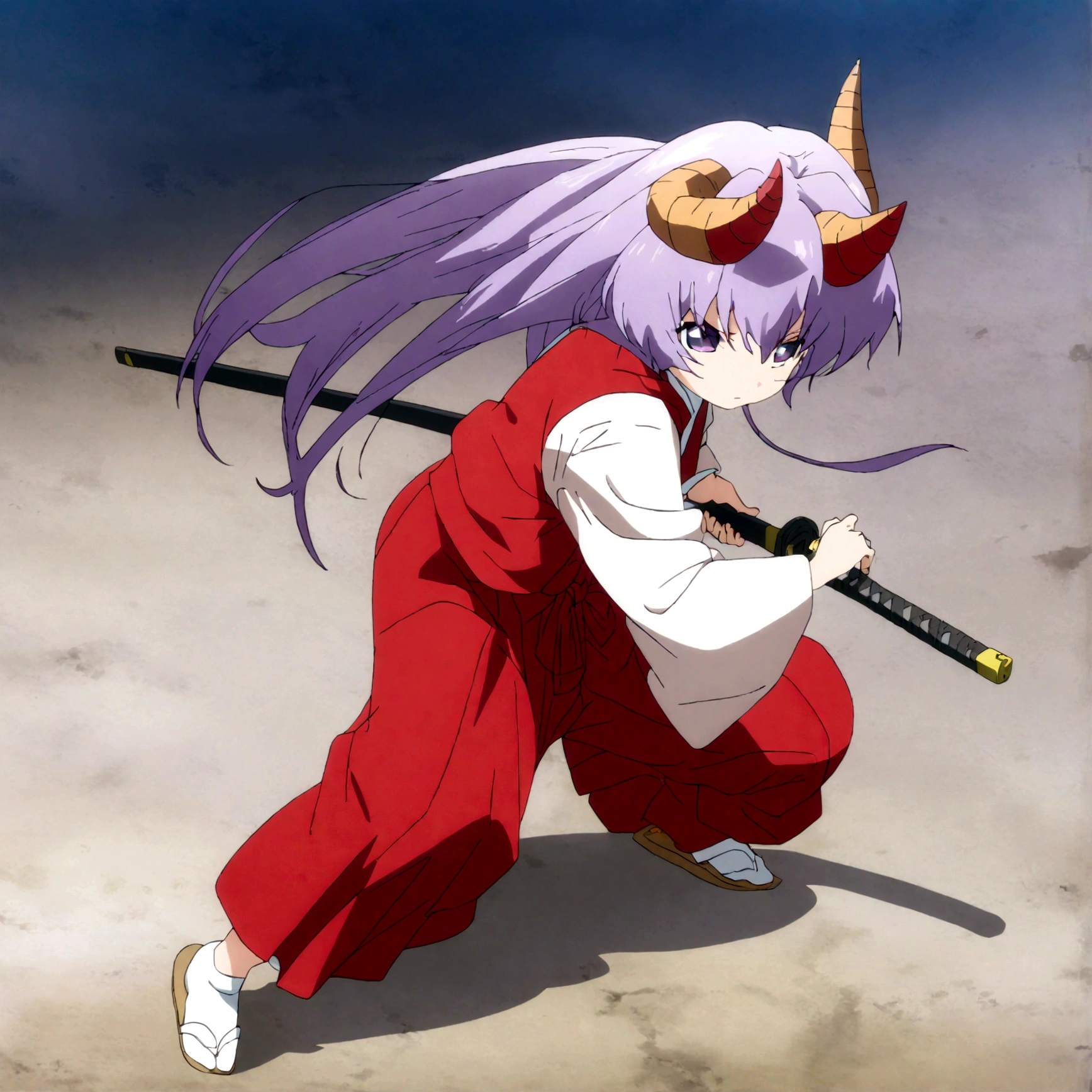 score_9, score_8_up, score_7_up, score_6_up, source_anime,BREAK , 1girl, hanyuu, solo, (tween:1.2), kawaii, ((horns)), medium breasts, purple eyes, purple hair, long hair, simple background, white background, japanese clothes, miko, skirt, hakama, hakama skirt, red detached sleeves, red hakama,iaidow,weapon, katana, holding sword, ready to draw, sheathed, unsheathing, scabbard, fighting stance, battoujutsu stance, dutch angle, full body, looking up, kubrick stare, comiket, closed mouth, masterpiece, best quality, very aesthetic, absurdres ,,,anime screencap, anime coloring,,(cinematic lighting,professional lighting),cinematic shadows,backlighting