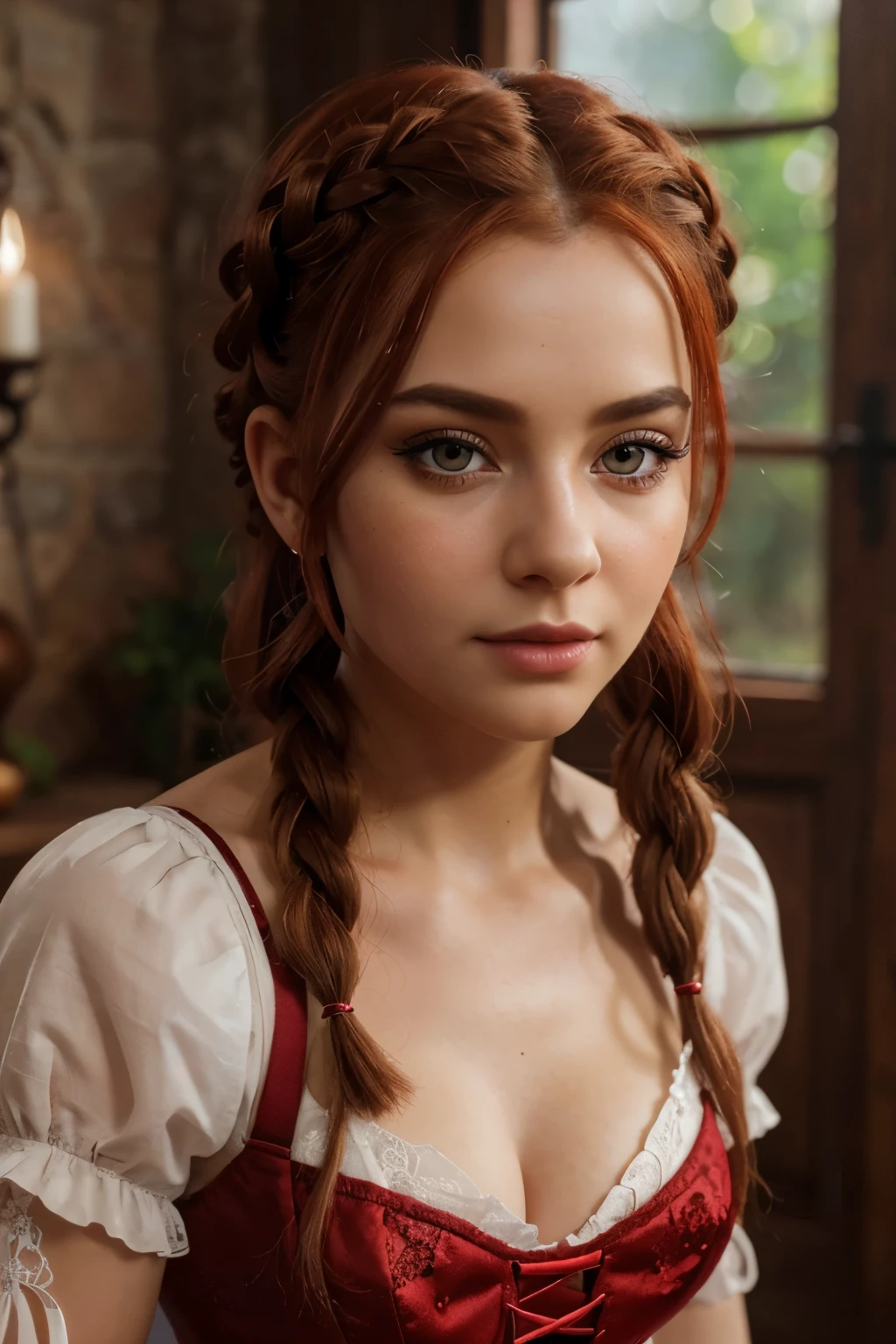 a small gnome with bright red braided hair in a corset and lace white shirt, intricate details, beautiful detailed eyes,beautiful detailed lips,extremely detailed eyes and face,longeyelashes,fantasy,whimsical,colorful,vibrant colors,warm lighting,detailed background,(best quality,4k,8k,highres,masterpiece:1.2),ultra-detailed,(realistic,photorealistic,photo-realistic:1.37)