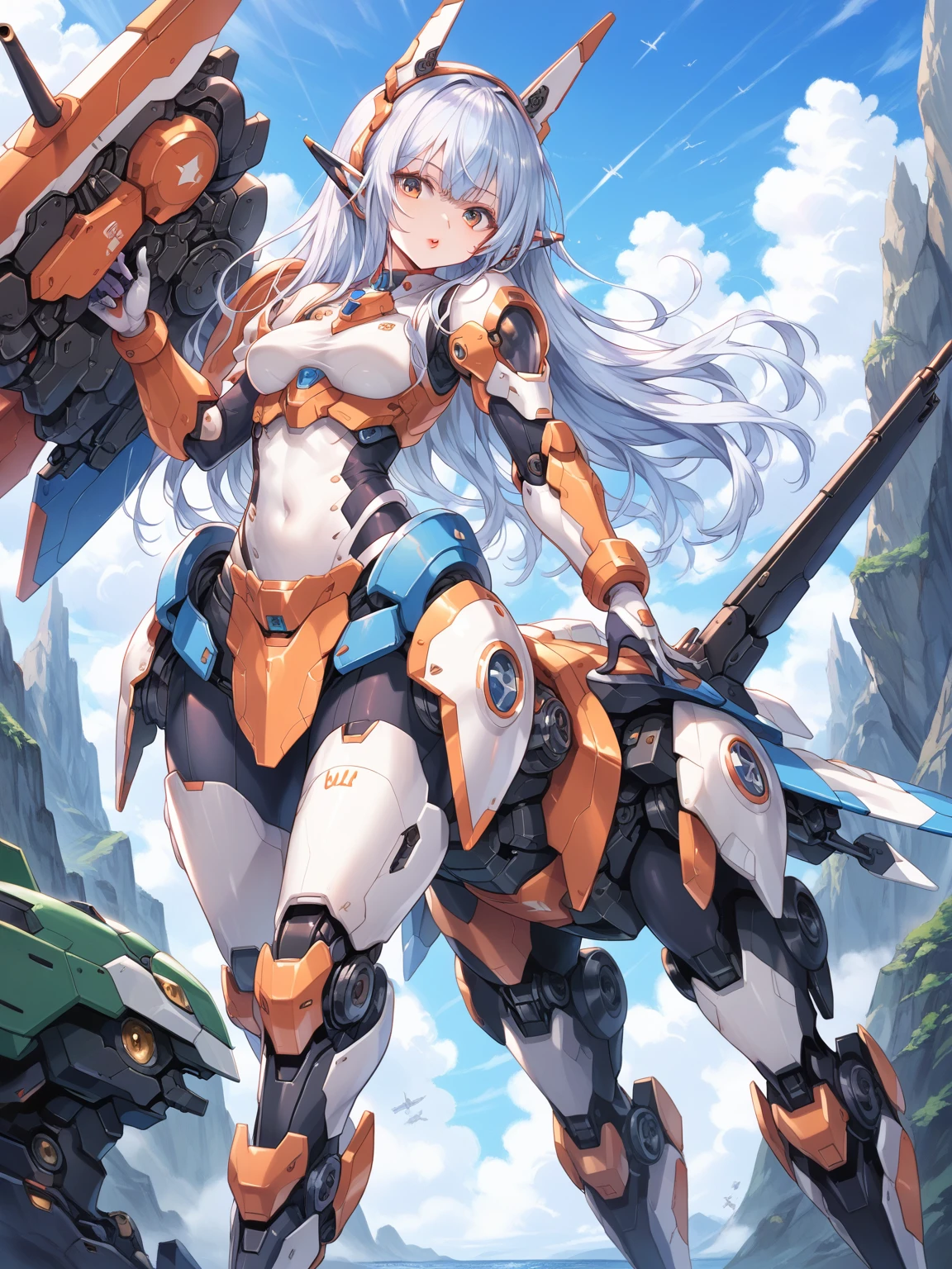 score_9, score_8_up, score_7_up, source_anime,masterpiece, best quality, high resolution, extremely detailed CG, absurdres, highres, ((perfect face, detailed face)), 1girl, solo, A mecha centaur girl, mecha girl, ((white_outfit with blue_praints)), holding weapon, mecha long gun, outdoors, (blue_hair, orange_armor), high contrast, ((gloss))