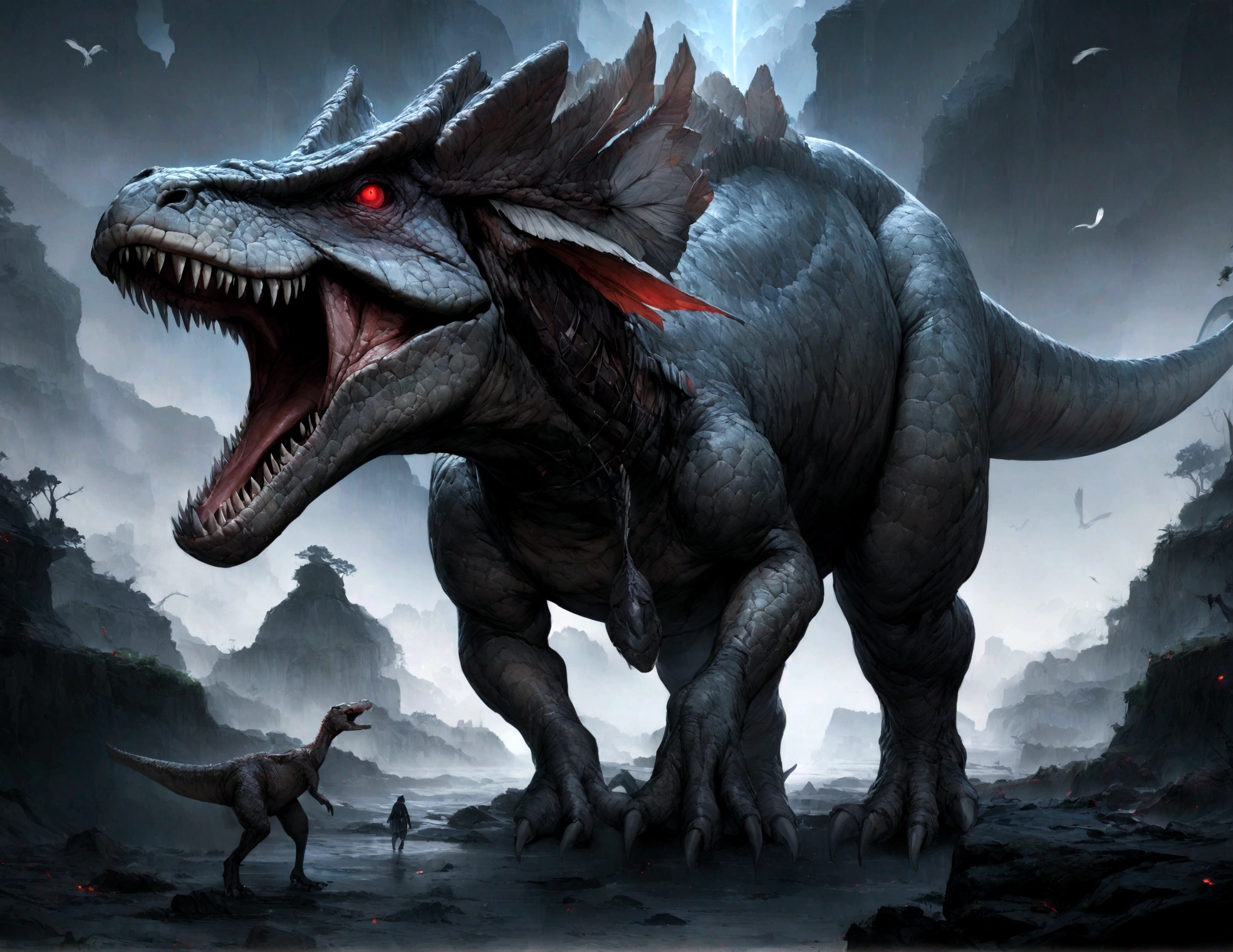 dinosaur, Predator、(masterpiece, High resolution, high quality, Ultra-realistic:1.2), Tyrannosaurus,Black and white grey skin、Faint feathers around the neck、very small arms、Two-pointer、stylish body、Agile Movement、 Red eyes shining in the darkness, Surreal Landscape, Dramatic composition, Vibrant colors, Eerie Darkness,  Intricate details,Ominous atmosphere