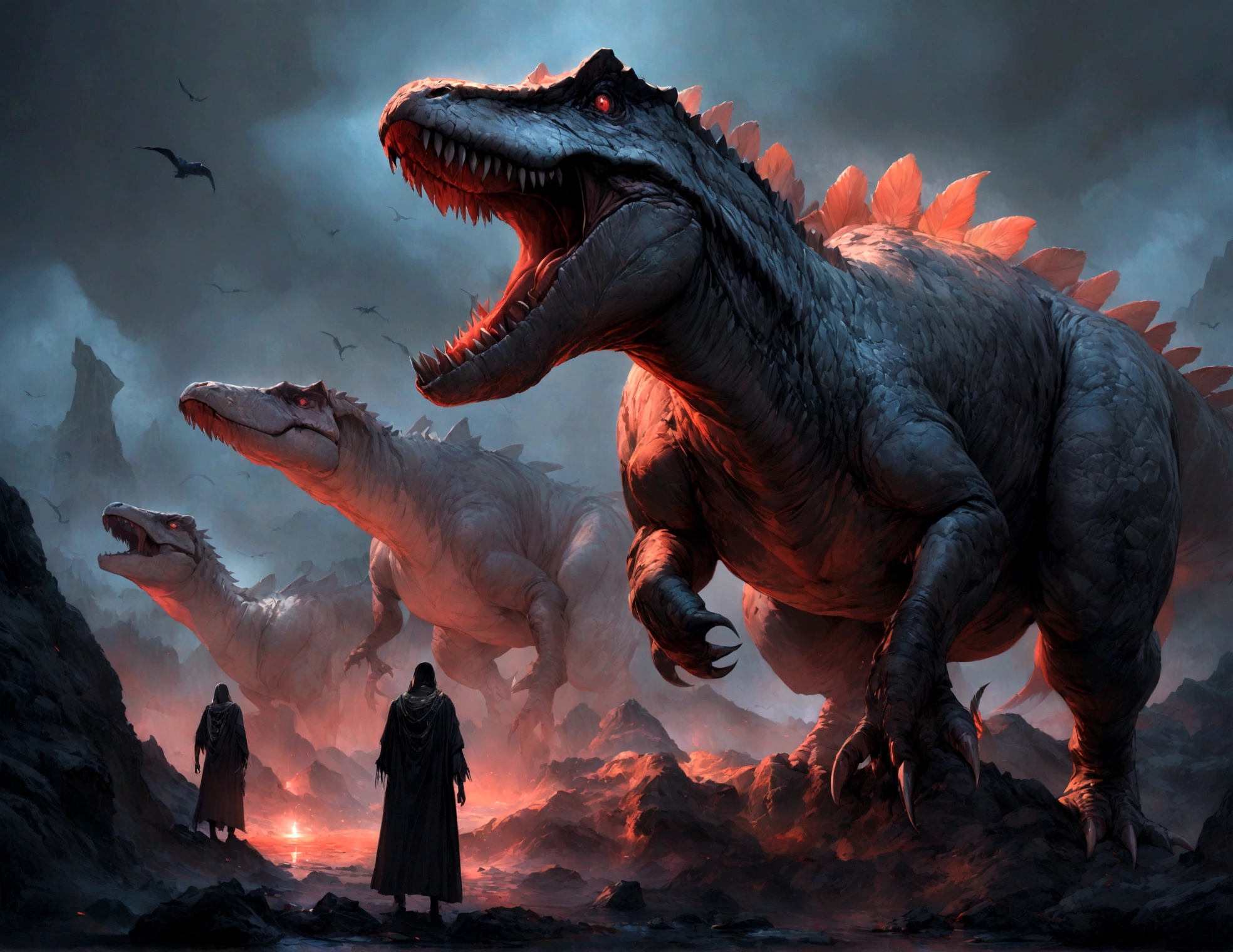 dinosaur, Predator、(masterpiece, High resolution, high quality, Ultra-realistic:1.2), Tyrannosaurus,Black and white grey skin、Faint feathers around the neck、very small arms、Two-pointer、stylish body、Agile Movement、 Red eyes shining in the darkness, Surreal Landscape, Dramatic composition, Vibrant colors, Eerie Darkness,  Intricate details,Ominous atmosphere