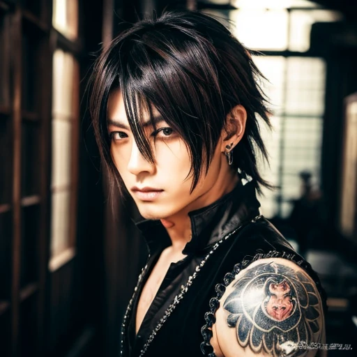 1 japanese male rocker, asien eyes, Visual Kai hairstyle, ultra detailed face and body, hyperrealistic, realistic representation, muscular, broad shoulders, tattoos gothic style, piercings, Visual Kei style, hairstyle Visual Kei, blond, 30 years old, age 30, outfit gothic streampunk, men's shirt and black pants, Asian eyes, eyes Asian, long hair, long hair