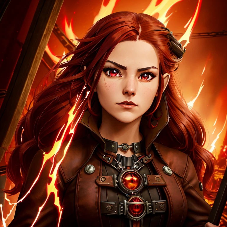 (girl with modest black and red steampunk outfit, steampunk goggles on forehead), elf ears, wide shot, full body, front view, (((crimson eyes))), crimson hair, long hair, (perfect hands), gold necklace with red gem, flames surround her, wreathed in flame, global illumination, determined look at the viewer, illustrations, high-quality, ultra-detailed, vivid colors, portraits, warm color tones, soft lighting, long flowing red hair, leather corset, mechanical accessories, industrial background, intense expression, flaming red eyes, (infernal aura), standing before a roaring bonfire, passionate expression, twilight, fiery landscape, crackling flames, intense atmosphere, (crackling embers), (dancing flames), Ignia, fiery eyes, background of blazing inferno