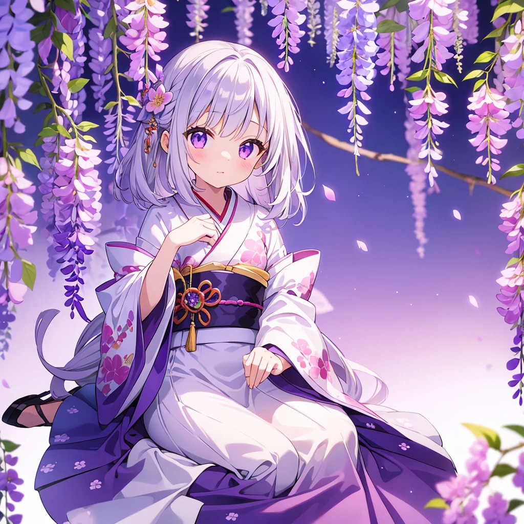 masterpiece、(highest quality)、(White Background)、(Perfect hands)、( girl)、(1 person)、kimono、Wisteria flower、doll'festival、Purple eyes、Bob Hair、Black Hair