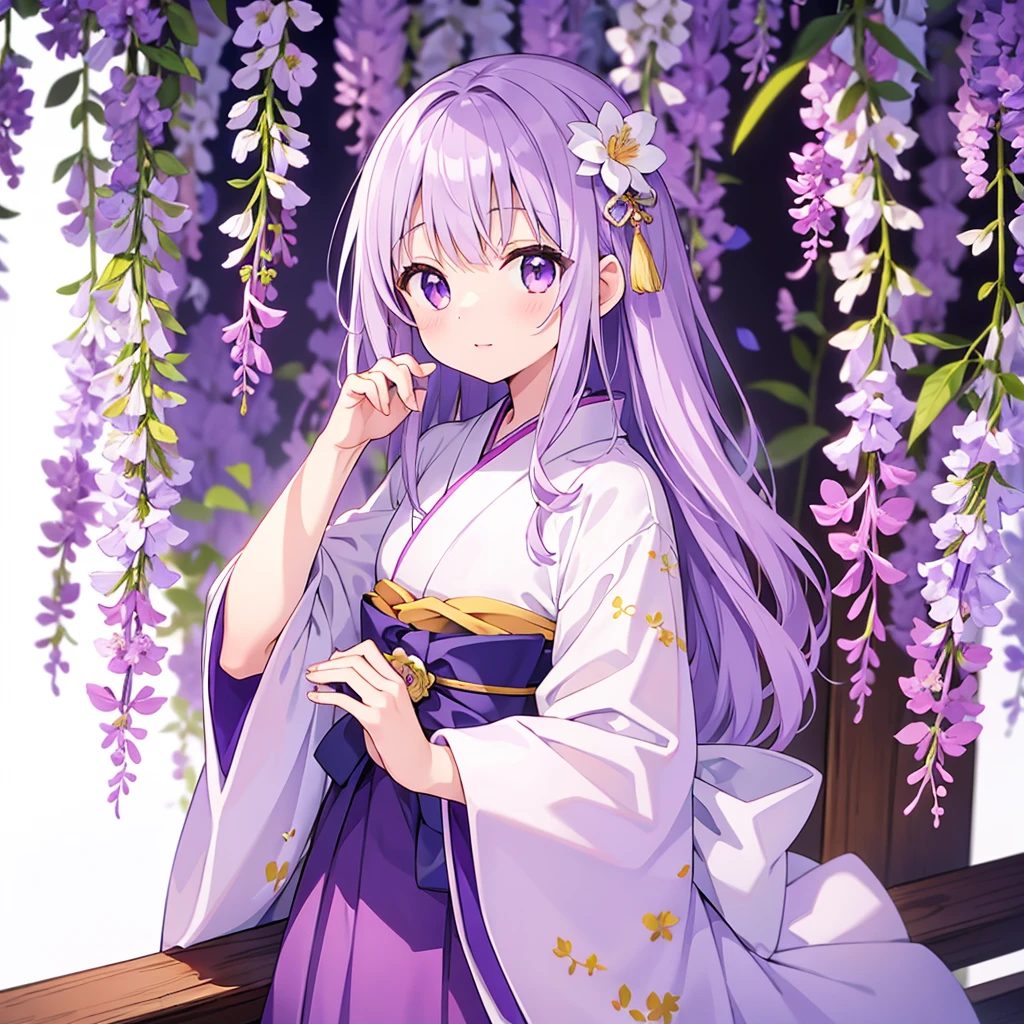 masterpiece、(highest quality)、(White Background)、(Perfect hands)、(10 year old girl)、(1 person)、kimono、Wisteria flower、doll'festival、Purple eyes、Bob Hair、Black Hair