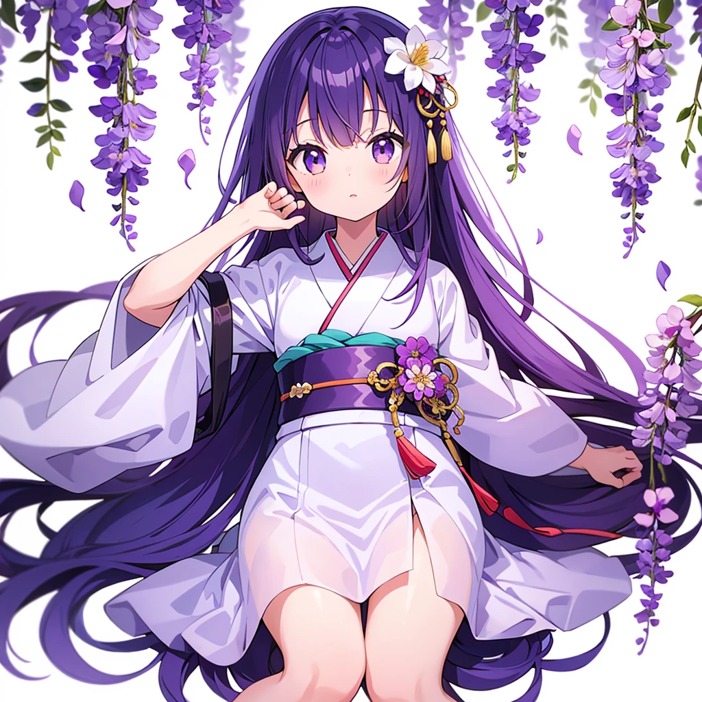 1boy, (dark blue hair:1.2), long hair, straight hair, hair between eyes, light frown, (purple lips:1.2), hair ornament, barefoot, japanese clothes, long sleeves, flower, hydrangea, sayagata, male focus, off shoulder, kimono, blindfold, (black blindfold:1.3), chibi,  <lora:last:1>