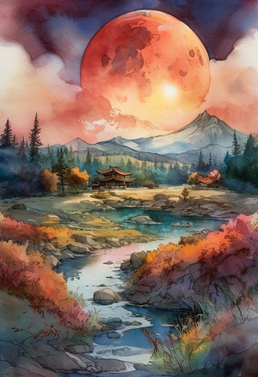 Акварельный Landscape, bloodmoon Watercolor vibrant colors, Landscape, bloodmoon Digital Watercolor Illustration of a summerscape sunset, by JB, Waterhouse, Carn Griffiths, Minjae Lee, Ana Paula Hoppe, Stylized Watercolor art, difficult, Complex contrast, HDR, spicy, soft cinematic volumetric lighting, floral pastel colors, wide shot, The perfect masterpiece, detailed matte drawing, deep color, fantastic, complex part, screensaver, Additional colors, Fantasy concept art, Тенденции разрешения 8k на Artstation Unreal Engine 5, traditional media,Watercolor \(middle\),pencil \(middle\),paper \(middle\),drawing \(middle\),