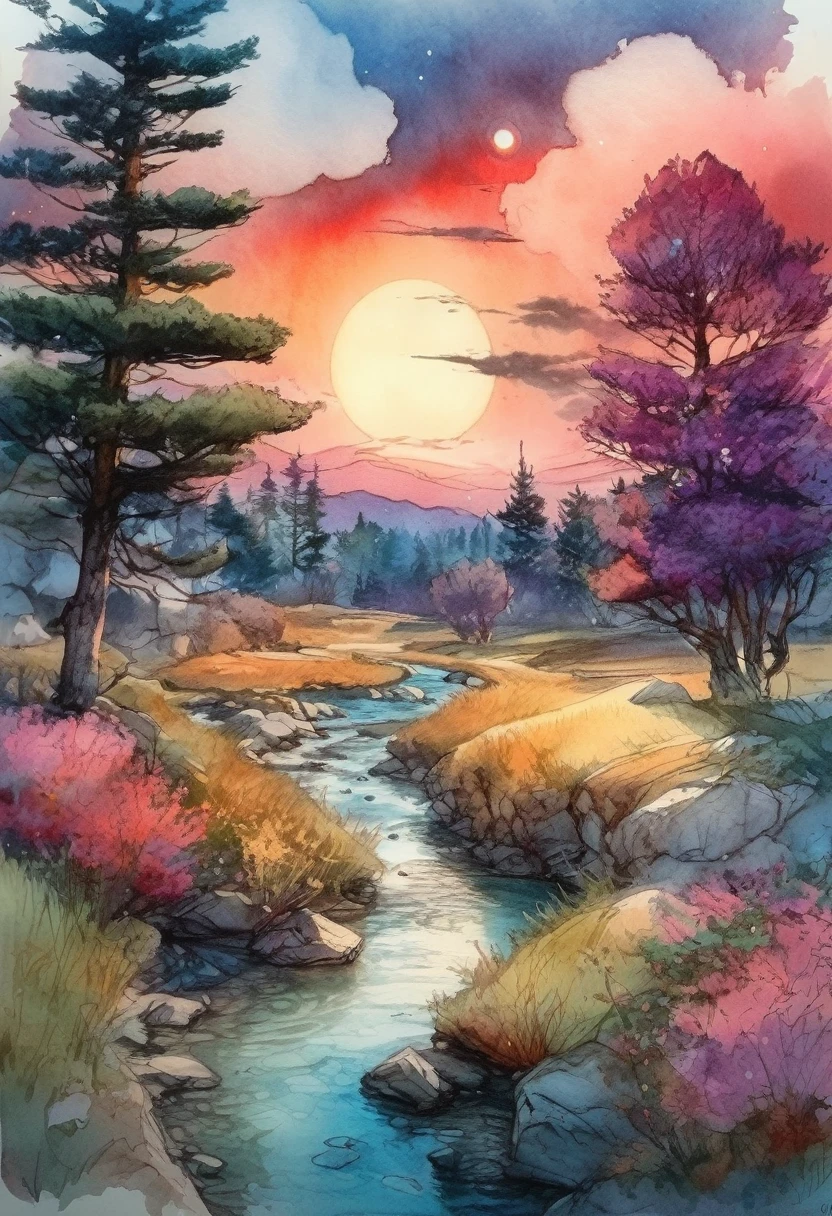 Акварельный Landscape, bloodmoon Watercolor vibrant colors, Landscape, bloodmoon Digital Watercolor Illustration of a summerscape sunset, by JB, Waterhouse, Carn Griffiths, Minjae Lee, Ana Paula Hoppe, Stylized Watercolor art, difficult, Complex contrast, HDR, spicy, soft cinematic volumetric lighting, floral pastel colors, wide shot, The perfect masterpiece, detailed matte drawing, deep color, fantastic, complex part, screensaver, Additional colors, Fantasy concept art, Тенденции разрешения 8k на Artstation Unreal Engine 5, traditional media,Watercolor \(middle\),pencil \(middle\),paper \(middle\),drawing \(middle\),