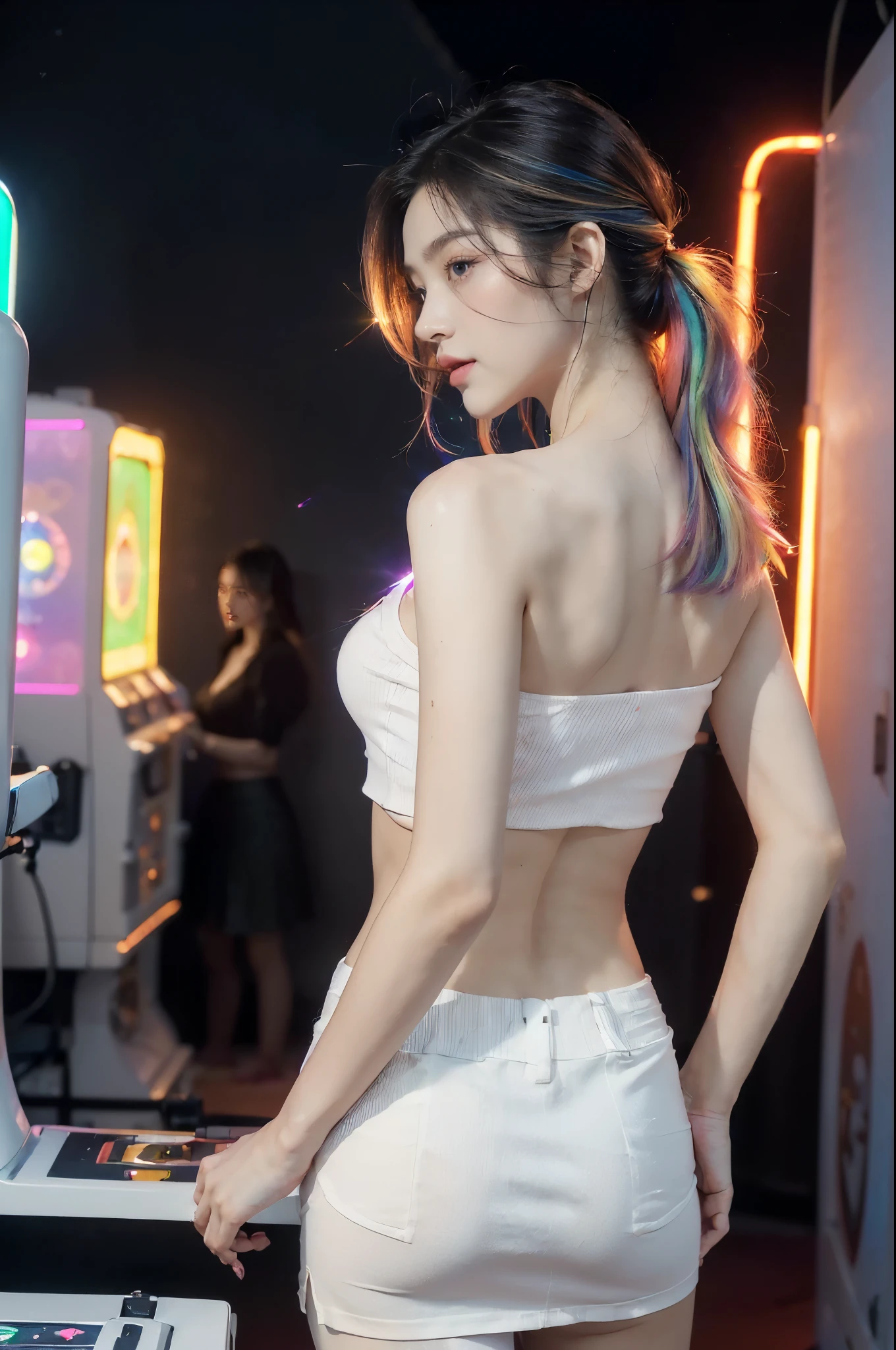 ((((8k))),((Extremely meticulous CG)) ,(wallpaper),16k,((Extremely refined and beautiful)),(((Masterpiece))),(((best qualtiy))),(((Ultra High Resolution))),beautiful light up,Perfect lightning,realistic shaded,(Smooth and flawless skin:1.5),(Extremely exquisite facial details:1.2),(perfect body:1.2),(ultra-detailed),((A beautiful girl,solo)),(small head:1.2),(pale skin:1.3),(shoulder length straight bob hair:1.2),(rainbow color hair:1.3),(small face:1.2),(baby face:1.3),(Exquisite makeup:1.2),(blush:1.3),(bare back:1.3),(towering hips:1.3),((slim,thin)),(laughing:1.2),(short sleeves:1.2),(laser shirt:1.5),(shoulder off:1.3),(butt crack:1.3),(laser microskirt:1.5),(indoor:1.2),(detailed background:1.5),(Standing:1.3),(Beside the arcade machine:1.3),(upper body:1.3),(from back:1.3),(In the game center:1.5),(colorful neon lights:1.3),(cyberpunk style:1.3),(night scene:1.5),(lively atmosphere:1.3),(surrounded by crowded crowds:1.3)