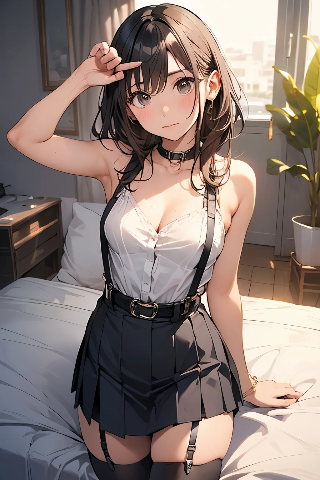 Staring at the audience Black suspenders bulging big breasts wall mini skirt garterbelt garter sight Small face holster Beautiful woman Show your hand Lying in bed sight Taunt side side汗 arm belt summer Armpit sweat Put your hands up