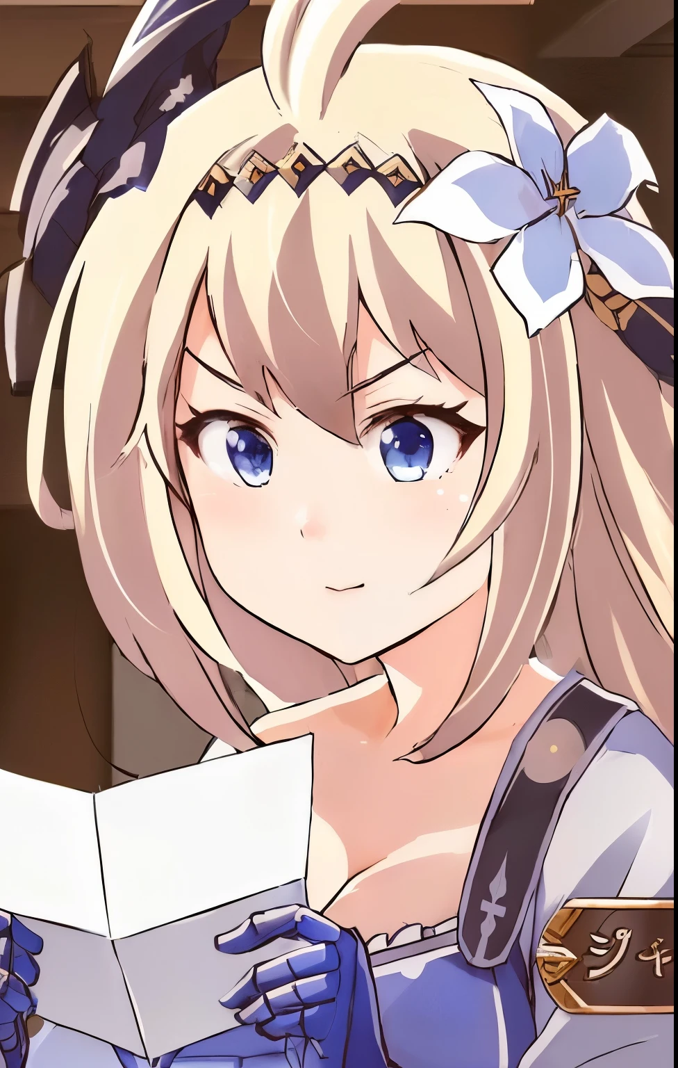 a woman in a blue dress holding a piece of paper, she has a cute expressive face, ayaka genshin impact, anime visual of a cute girl, slightly happy facial expression, perfect anime face, roguish smirk, cunning expression, anime girl named lucy, from the azur lane videogame, ahegao face, close up of a young anime girl