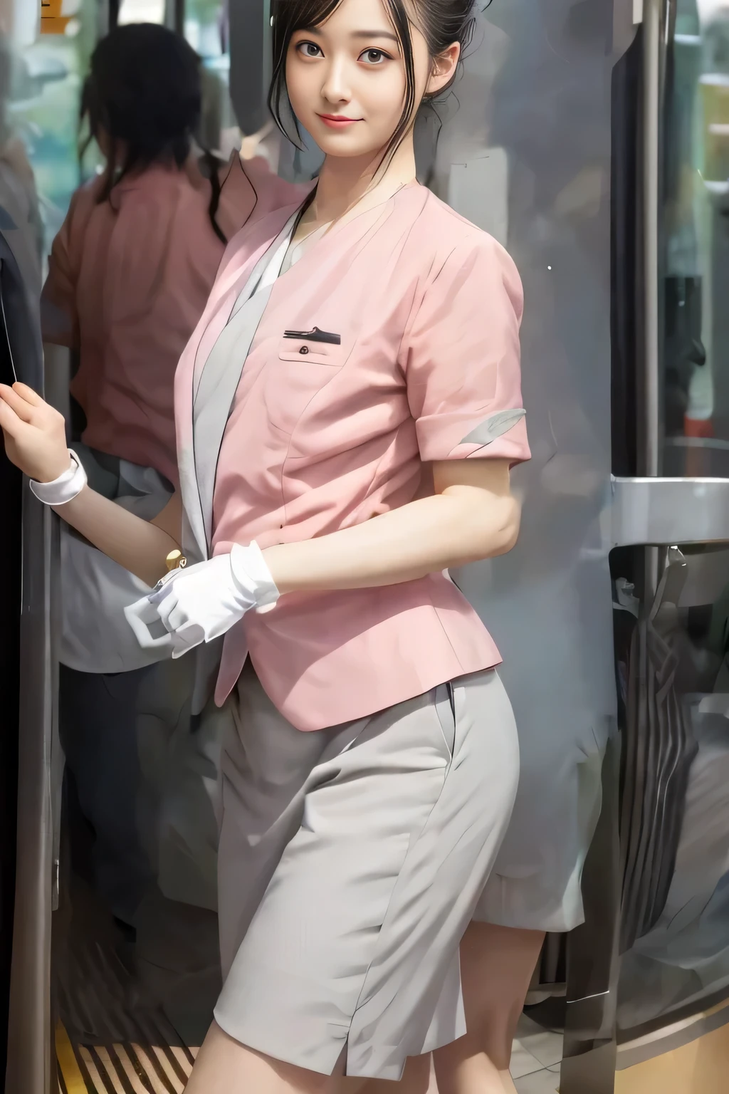 (masterpiece:1.2, highest quality:1.2), 32K HDR, High resolution, (alone、1 girl)、（On the rooftop of a building in the daytime、Professional Lighting）、Building rooftop background、（Nankai train crew uniform pinkを着たリアルスタイル）、（Nankai train crew uniform pink short sleeve pink jacket、Nankai Train Crew Uniform Pink Collarless Short Sleeve Blouse、Nankai Train Crew Uniform Pink Grey Knee-length Culottes）、（（The bottom of the pink short-sleeved jacket cannot be tucked into the clay-colored culottes.））、Dark brown hair、（Hair tied up、Hair Bun、Hair Bun）、Dark brown hair、Long Shot、Big Breasts、Thin legs、（（Great hands：2.0）），（（Harmonious body proportions：1.5）），（（Normal limbs：2.0）），（（Normal finger：2.0）），（（Delicate eyes：2.0）），（（Normal eyes：2.0））)、smile、（Nankai Train Crew Uniform Pink Grey Knee-length Culottesを見せた美しい立ち姿）、Thin legs、Thin arms、There is no one in the background