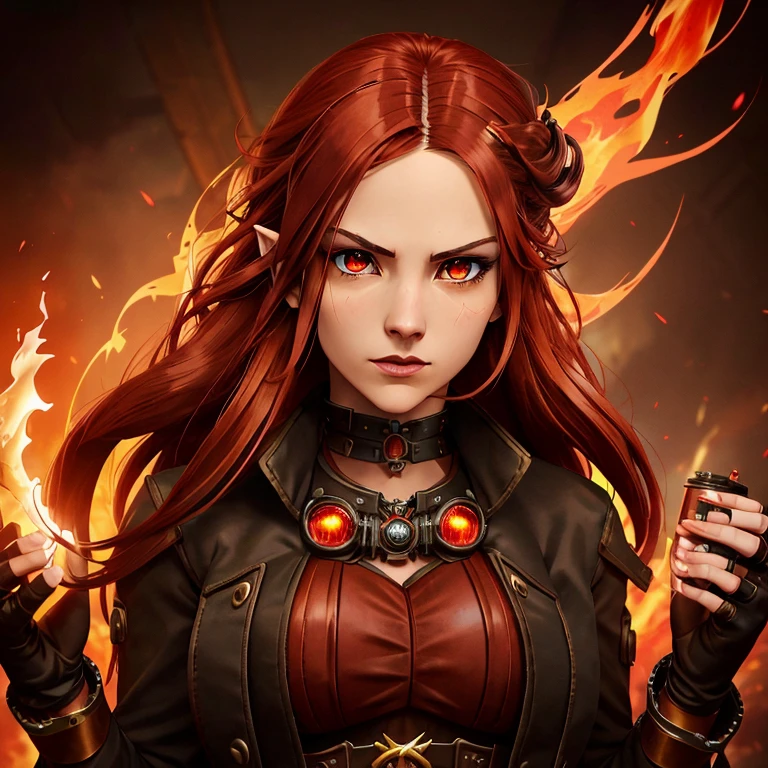 (girl with modest black and red steampunk outfit, steampunk goggles on forehead), elf ears, wide shot, full body, front view, (((crimson eyes))), crimson hair, long hair, (perfect hands), gold necklace with red gem, flames surround her, wreathed in flame, global illumination, determined look at the viewer, illustrations, high-quality, ultra-detailed, vivid colors, portraits, warm color tones, soft lighting, long flowing red hair,  leather corset, mechanical accessories, industrial background, intense expression, flaming red eyes, (infernal aura), standing before a roaring bonfire, passionate expression, twilight, fiery landscape, crackling flames, intense atmosphere, (crackling embers), (dancing flames), Ignia, fiery eyes, background of blazing inferno