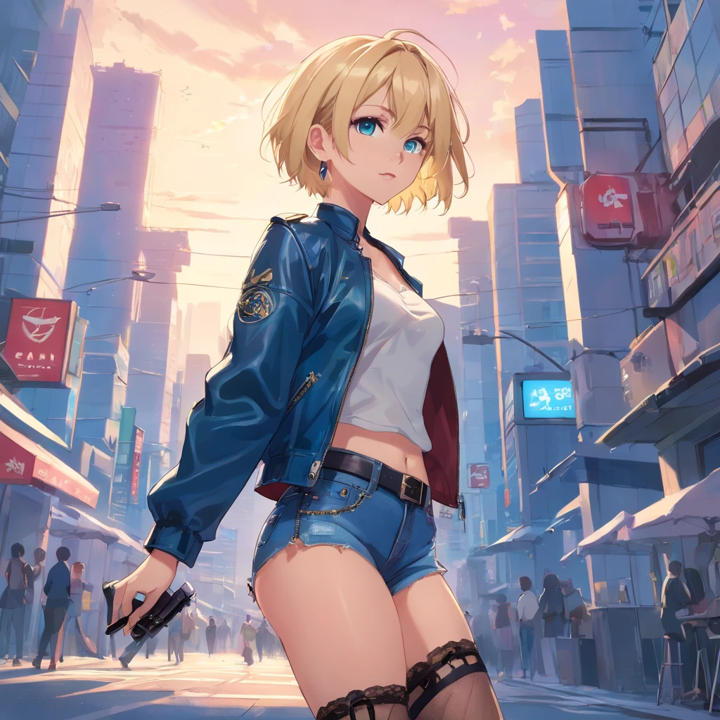 17 years old Women, ((Blonde)), ((Blue eyes)), ((Short hair)), ((Full shot)), very detailed makeup, pale pink lipstick, long earrings, wears leather jacket with lace bra and jean shorts with leather belt with big buckle and fishnet stockings and black high heels with Louboutin style heels ((wearing high heels)) ((Full Body)) 