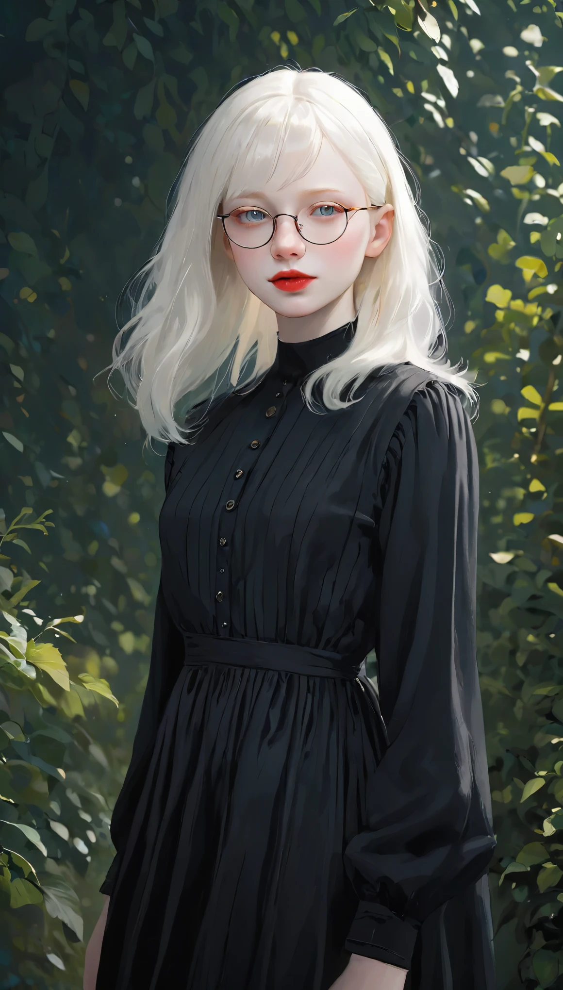 ((Ultra-realistic illustrations:1.3)),(Black clothes), Cute 18 year old (albino:1.4)Women of Slavic descent.(short:1.1), , Long white hair, Grey Eyes, ((Very pale:1.4)). Innocent look. kind.(virgin), (joy:1.2),(smile:1.3). (Playful:1.2). mascara, Glasses, Red lipstick, dress, (Black Pantyhose), pumps. masterpiece, (Very detailed:1.2),(Detailed face and eyes:1.2), 8k wallpaper, Moody lighting. Core Shadow, High Contrast, Bokeh.