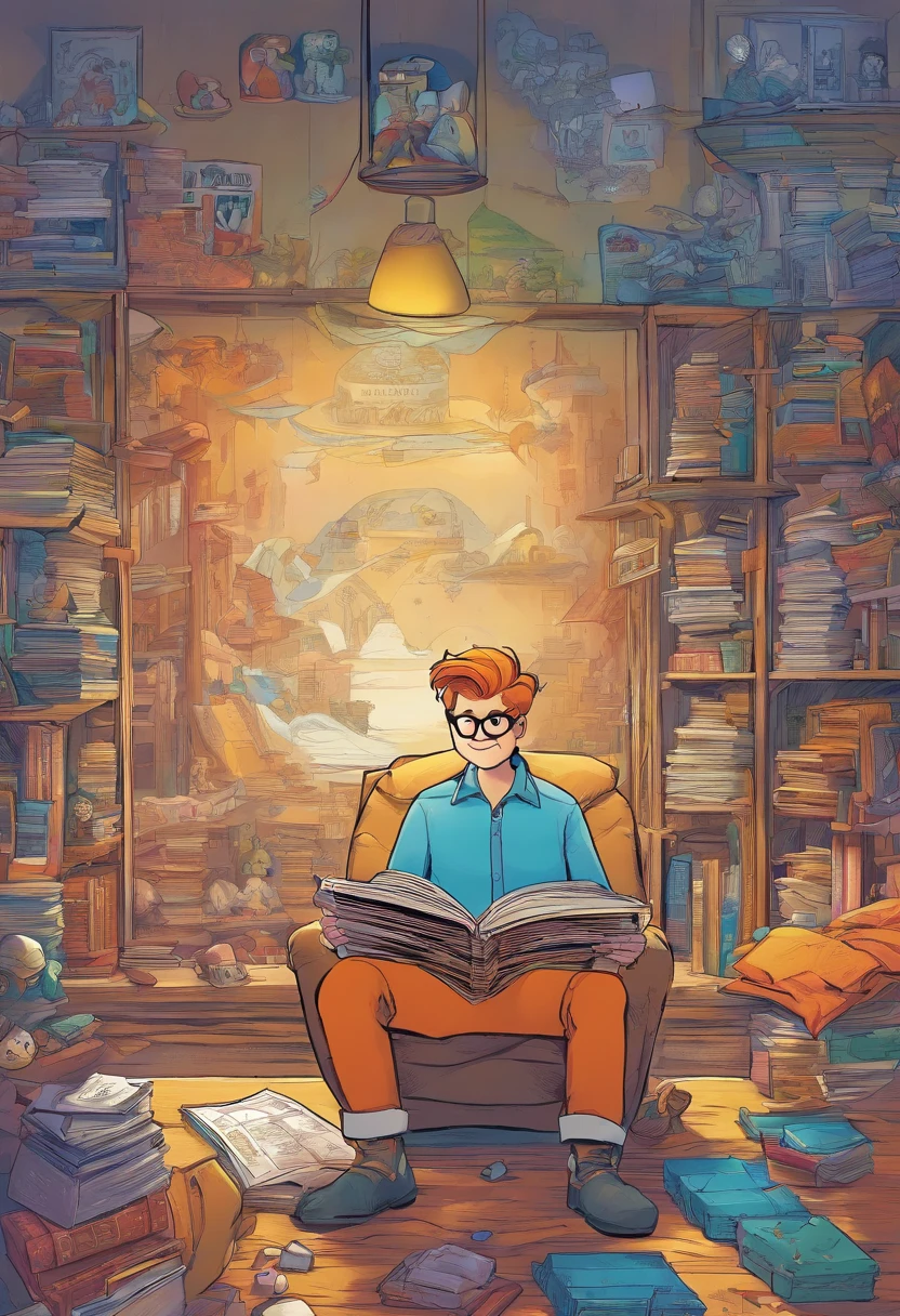 Ein Kind, who has a book in his lap, im Stil Comic Cover , farbenfrohe Animationsstills, Abonnieren, Acryl, Carl Barks, Heldenstil,