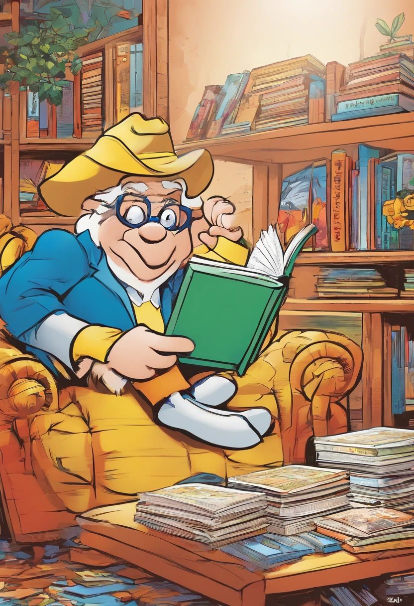 Ein Kind, who has a book in his lap,  im Stil Comic Cover , farbenfrohe Animationsstills, Abonnieren, Acryl, Carl Barks, Heldenstil, 