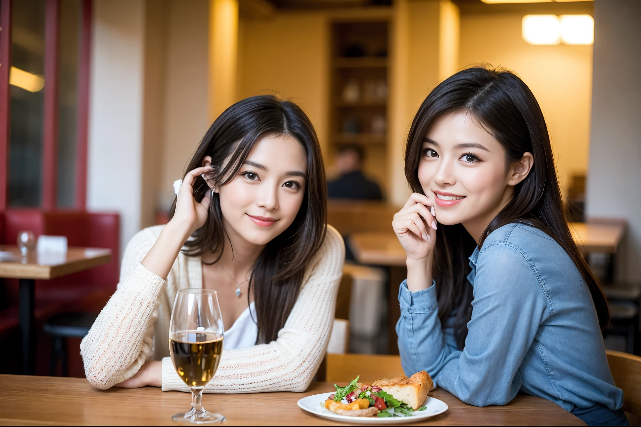 ((highest quality、8k、masterpiece:1.3))、Ray Dan lookalike beauty、1 male、1 female、Couple、Spouse、half、The body is slim、((Bob Hale、Straight hair:1.2)), (Realistic, Intricate details:1.2), Wine glass on the table、Shine light on your face、 Amazing view of the sunset sky and clouds、Amazing mountain views、A bright smile、The wonderfulness of smile、Bright image、The beauty of wine, Beautiful Face, blue eyes, The light shines on your face, Blushing, short hair,Bright Face、 (Age 44), 43 years old, red wine 、Appetizers、Italian food、Wine bottle、Champagne、sparkling wine、Two beauties、Brown Hair、Shortcuts、Long sleeve shirt、dress、Pretty Woman 1, (Slim face), (The body is slim), (Brown Hair), (Shortcuts), cheeks turn a little red,Attractive beauty、restaurant, In a prominent place (From the waist up) Nova Frog Style, actress, model, Upper Body, White wine, slim, wine glass, A wine glass placed in the center, smile, (smile: 1.15), Beautiful fine grain, Depth f/2,saturation, High Contrast, Strong light and shadow,Moist Body:1.5、3D texture、Delicate eyes、Brown Hair、The hair is very shiny、