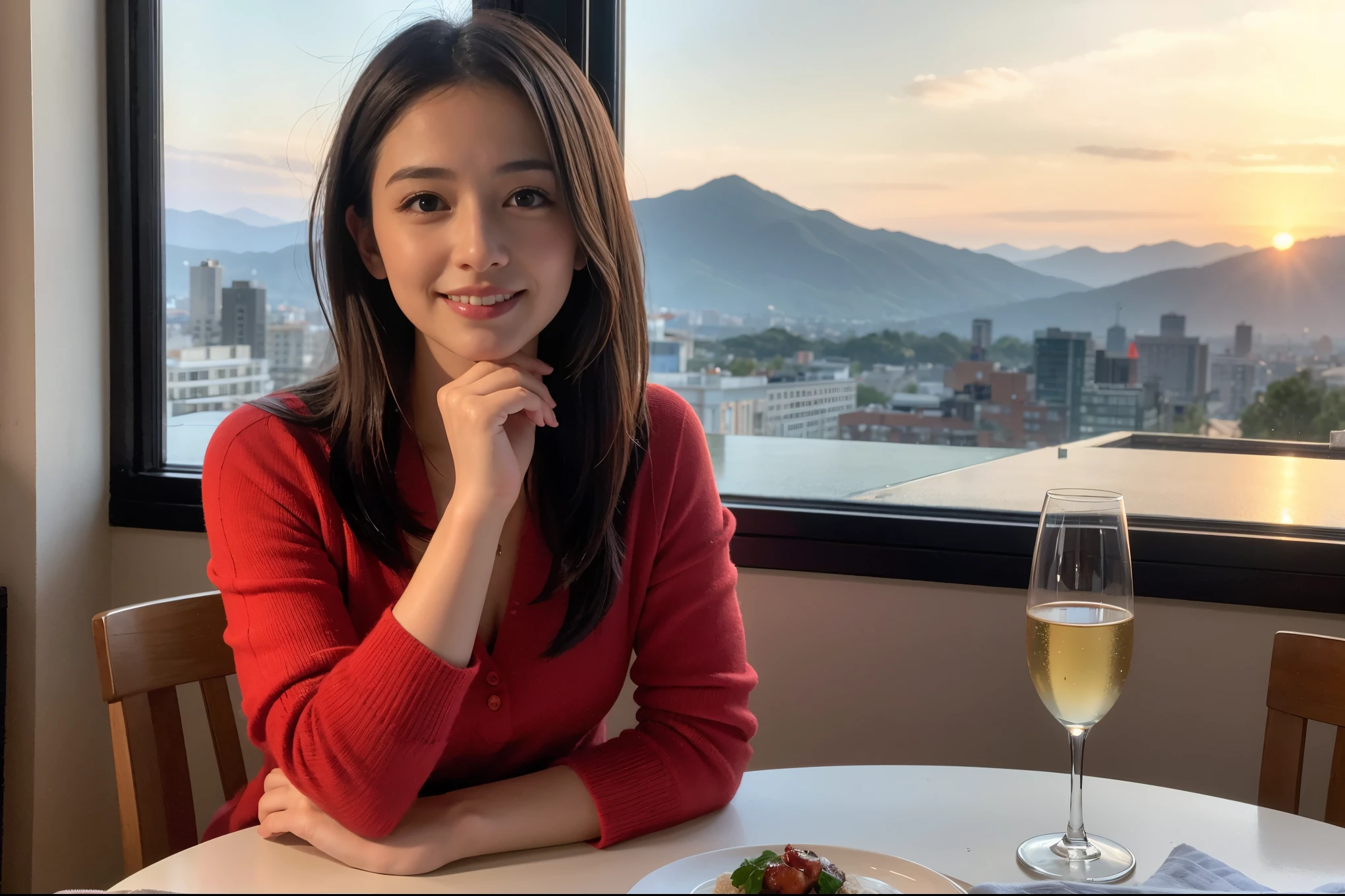 ((highest quality、8k、masterpiece:1.3))、Ray Dan lookalike beauty、1 male、1 female、Couple、Spouse、half、The body is slim、((Bob Hale、Straight hair:1.2)), (Realistic, Intricate details:1.2), Wine glass on the table、Shine light on your face、 Amazing view of the sunset sky and clouds、Amazing mountain views、A bright smile、The wonderfulness of smile、Bright image、The beauty of wine, Beautiful Face, blue eyes, The light shines on your face, Blushing, short hair,Bright Face、 (Age 44), 43 years old, red wine 、Appetizers、Italian food、Wine bottle、Champagne、sparkling wine、Two beauties、Brown Hair、Shortcuts、Long sleeve shirt、dress、Pretty Woman 1, (Slim face), (The body is slim), (Brown Hair), (Shortcuts), cheeks turn a little red,Attractive beauty、restaurant, In a prominent place (From the waist up) Nova Frog Style, actress, model, Upper Body, White wine, slim, wine glass, A wine glass placed in the center, smile, (smile: 1.15), Beautiful fine grain, Depth f/2,saturation, High Contrast, Strong light and shadow,Moist Body:1.5、3D texture、Delicate eyes、Brown Hair、The hair is very shiny、