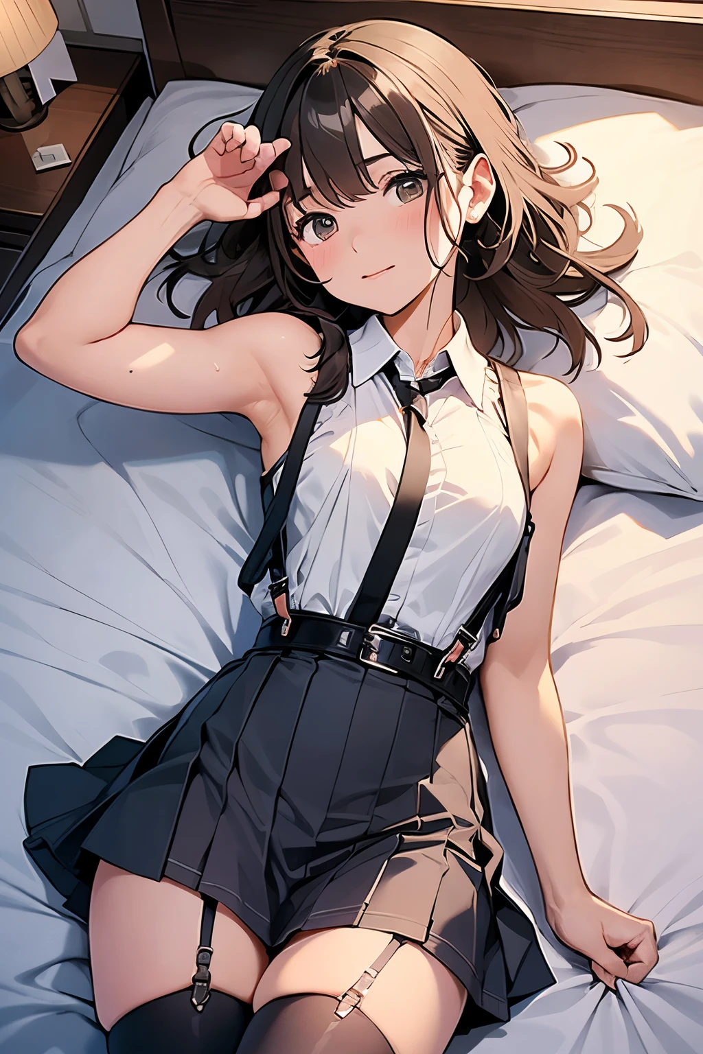 Staring at the audience　　　Black suspenders　　　bulging big breasts　　 　 　　　wall 　mini skirt　garterbelt　garter　　　　　　sight　　　Small face　 　　　holster　　　Beautiful woman　　Show your hand　　 Lying in bed　　sight 　　Taunt　side　side汗 　arm　　belt　summer　Armpit sweat　Put your hands up