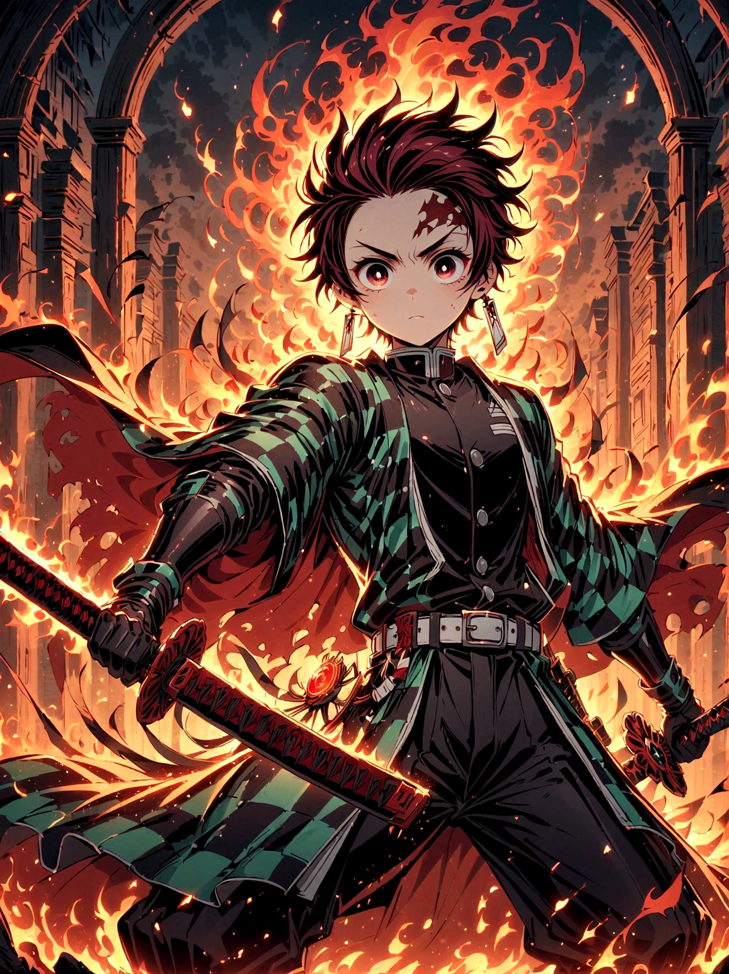 Kamado Tanjirou, Demon Slayer anime, Weapon Focus，Bright red hair, Sparkling red eyes，muscular，Intricate tattoos，(Holding a burning katana:1.5)，An element of danger and tension，Plaid clothes, demon slayer uniform, Black pants, fighting, Fire, explode, Dynamic poses, temple, Vision