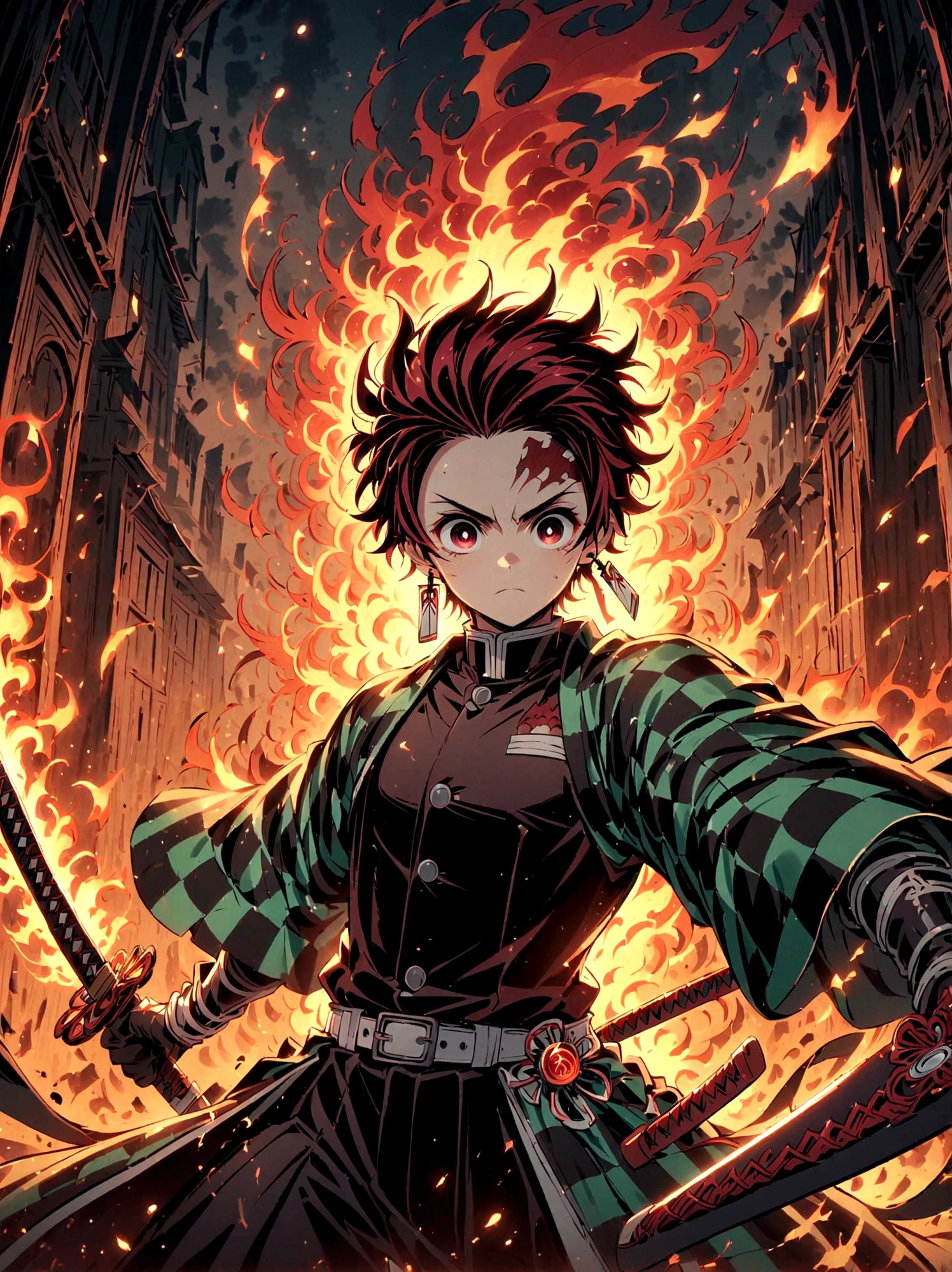 Kamado Tanjirou, Demon Slayer anime, Weapon Focus，Bright red hair, Sparkling red eyes，muscular，Intricate tattoos，(Holding a burning katana:1.5)，An element of danger and tension，Plaid clothes, demon slayer uniform, Black pants, fighting, Fire, explode, Dynamic poses, temple, Vision