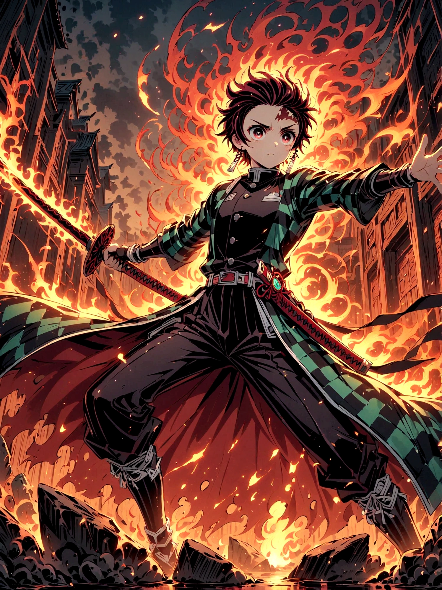 Kamado Tanjirou, Demon Slayer anime, Weapon Focus，Bright red hair, Sparkling red eyes，muscular，Intricate tattoos，(Holding a burning katana:1.5)，An element of danger and tension，Plaid clothes, demon slayer uniform, Black pants, fighting, Fire, explode, Dynamic poses, temple, Vision