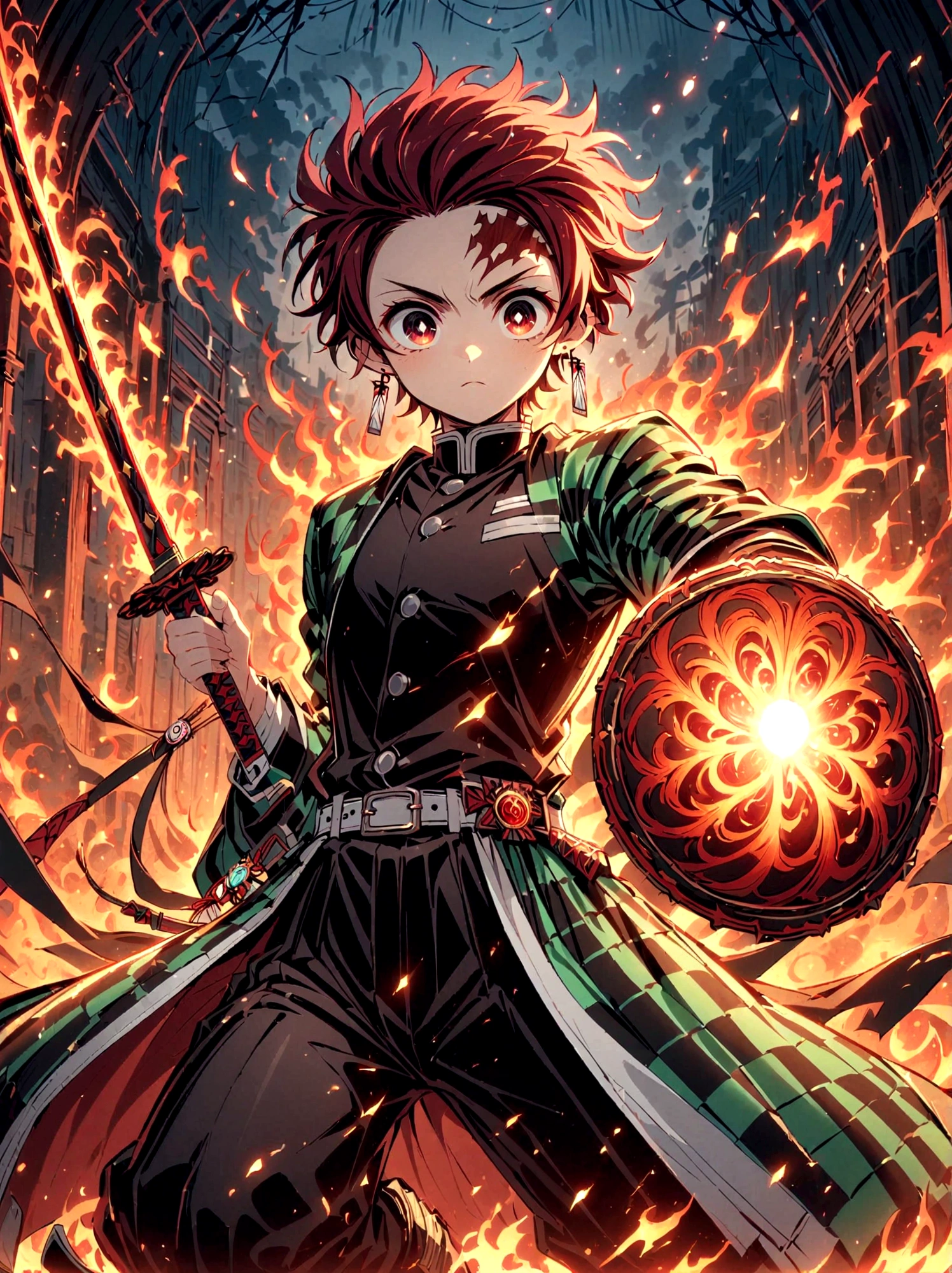 Kamado Tanjirou, Demon Slayer anime, Weapon Focus，Bright red hair, Sparkling red eyes，muscular，Intricate tattoos，(Holding a burning katana:1.5)，An element of danger and tension，Plaid clothes, demon slayer uniform, Black pants, fighting, Fire, explode, Dynamic poses, temple, Vision