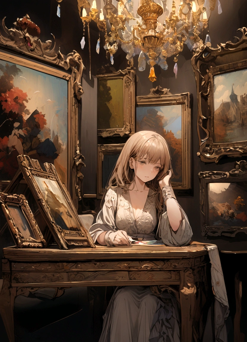 Girl sitting at a desk decorated with paintings