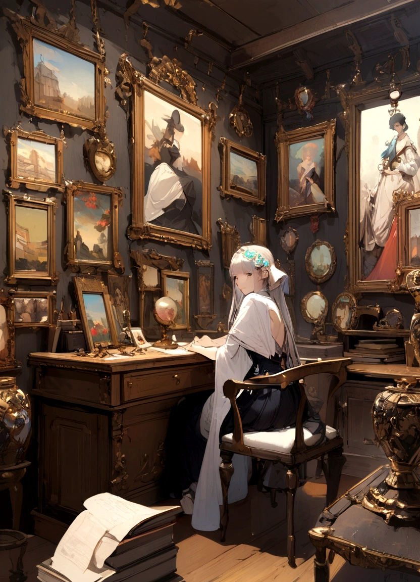 Girl sitting at a desk decorated with paintings