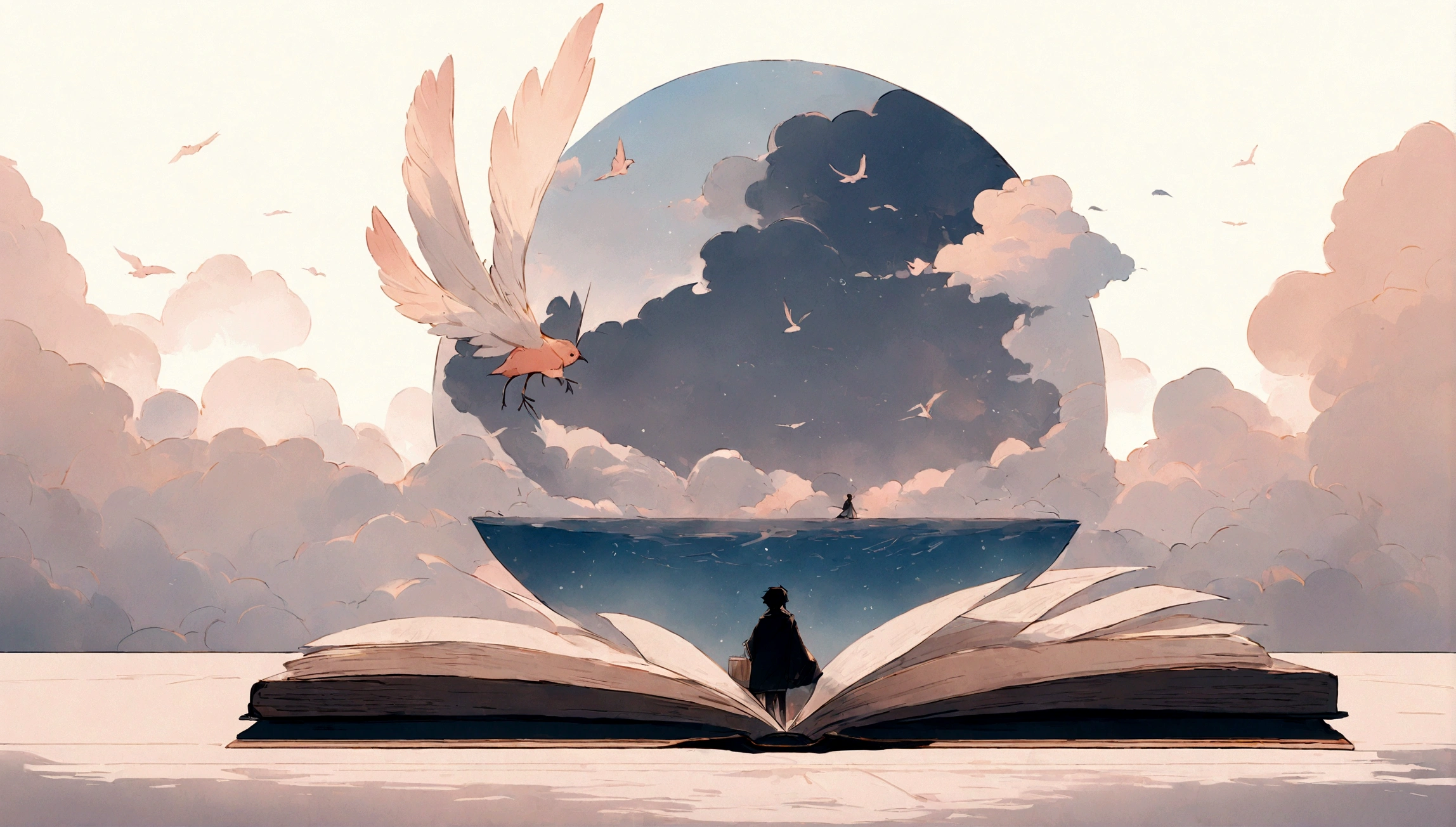 masterpiece, 4k, sharp focus, highest quality,wide shot. Imagine a book cover that conveys a sense of nostalgia and storytelling. The title of the book is " Penamemoria". Is a book about the creative, unique journey of a boy into becoming a musician storyteller. In his journey he finds a magical feather and a dreamy bird. Minimalistic, modern, dreamy logotype at the bottom of the book cover