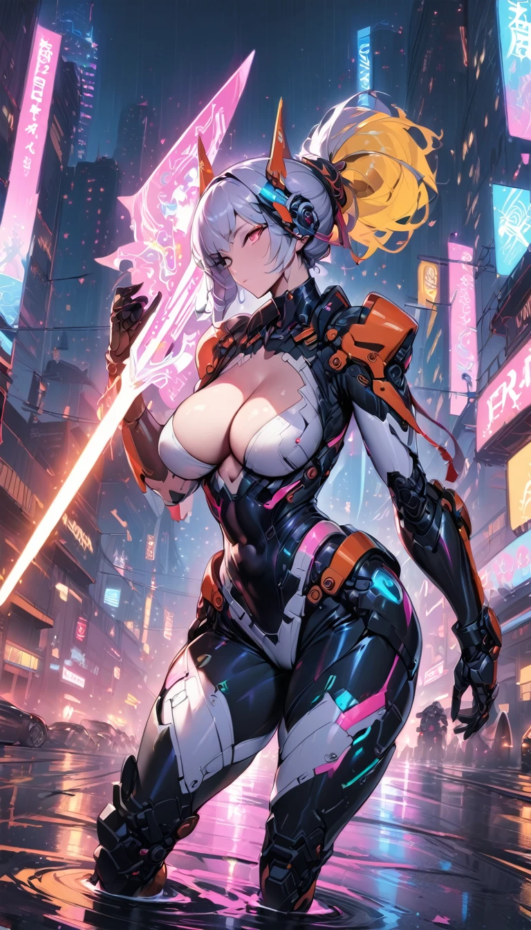 best quality,4k,8k,highres,masterpiece:1.2),ultra-detailed, extremely detailed eyes, extremely detailed body, (large masterpiece digital art), (detailed manga illustration), (detailed line art), ((perfect ???????)), high quality, expressive eyes, full body, tall girl, detailed face, beautiful face, perfect face, ???????, cleavage, gloves, A photograph of mid-twenties Japanese female android made of shiny white and silver translucent glass and plastic, geisha makeup and hairstyle, silver metal internal body mechanisms, dynamic pose, flowing organic construction, glowing golden circuitry, colorful neon trim, glowing circuitry, neon trim, depth of field focus f/2.8, art by H.R. Giger, Greg Rutowski, ????????, thick thighs, toned, emblem, cinematic lighting, dynamic lighting, 4k resolution, dynamic pose, weapon, energy weapon, cover, mecha musume, fortified suit, mechanical parts, headgear, robot joints, ????????, deva battle suit, gloves,