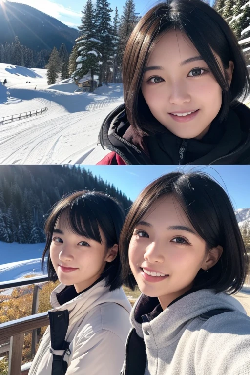 Three smiling girls, Blowing in the wind for a long time [Blue-black:.3] hair,Show Viewer, (masterpiece:1.3), (8k, Realistic, RAW Photos, highest quality: 1.4), Japanese, (One Girl), Beautiful Face, (Realistic Face, 20-year-old), (black hair, short hair:1.3), beautiful hairstyle, Realistic eyes, Beautiful details, (Realistic Skin), Beautiful Skin, charm, Ultra-high resolution, Ultra-realistic, Very detailed, Ski resort, Shooting with a smartphone