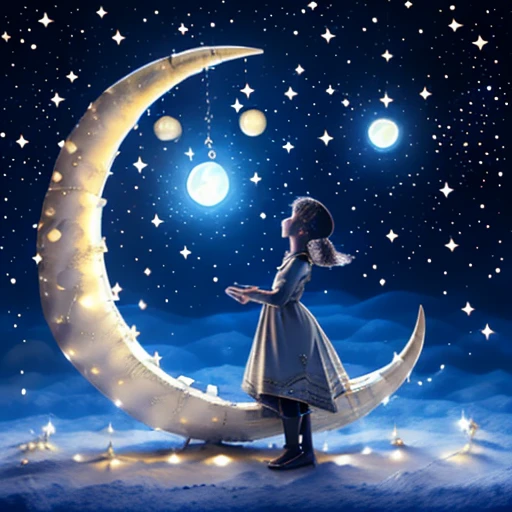 One girl,Are standing, 三日moon_moon on null, Earth_\(planet\), Glow worms, firework, full_moon, milky methods, Light_particle, Milky_method, moon, moonlight, night, night_null, planet,