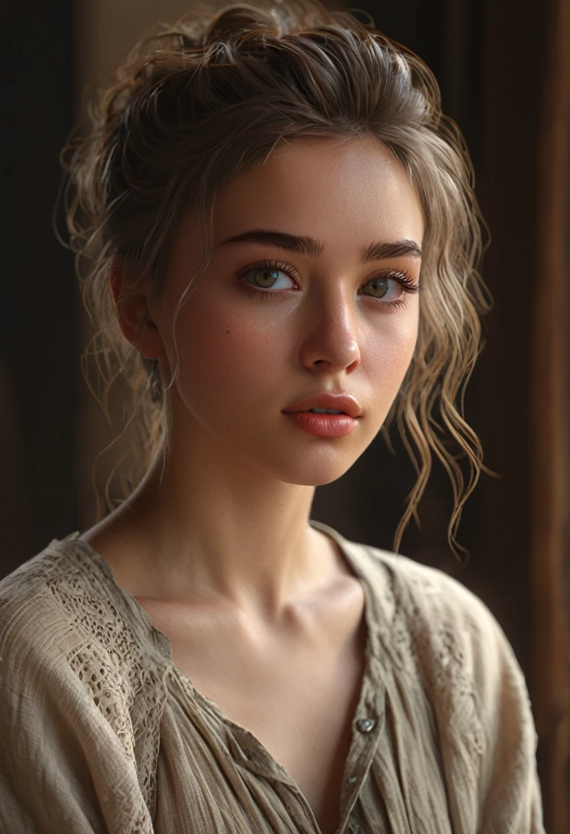 a beautiful woman, dressed primitively, daydreaming, 1girl, detailed face, detailed eyes, detailed lips, long eyelashes, natural lighting, serene expression, peaceful, detailed skin, intricate hairstyle, natural texture, organic materials, tattered clothing, atmospheric, cinematic, warm color palette, depth of field, photorealistic, (best quality,4k,8k,highres,masterpiece:1.2),ultra-detailed,(realistic,photorealistic,photo-realistic:1.37)