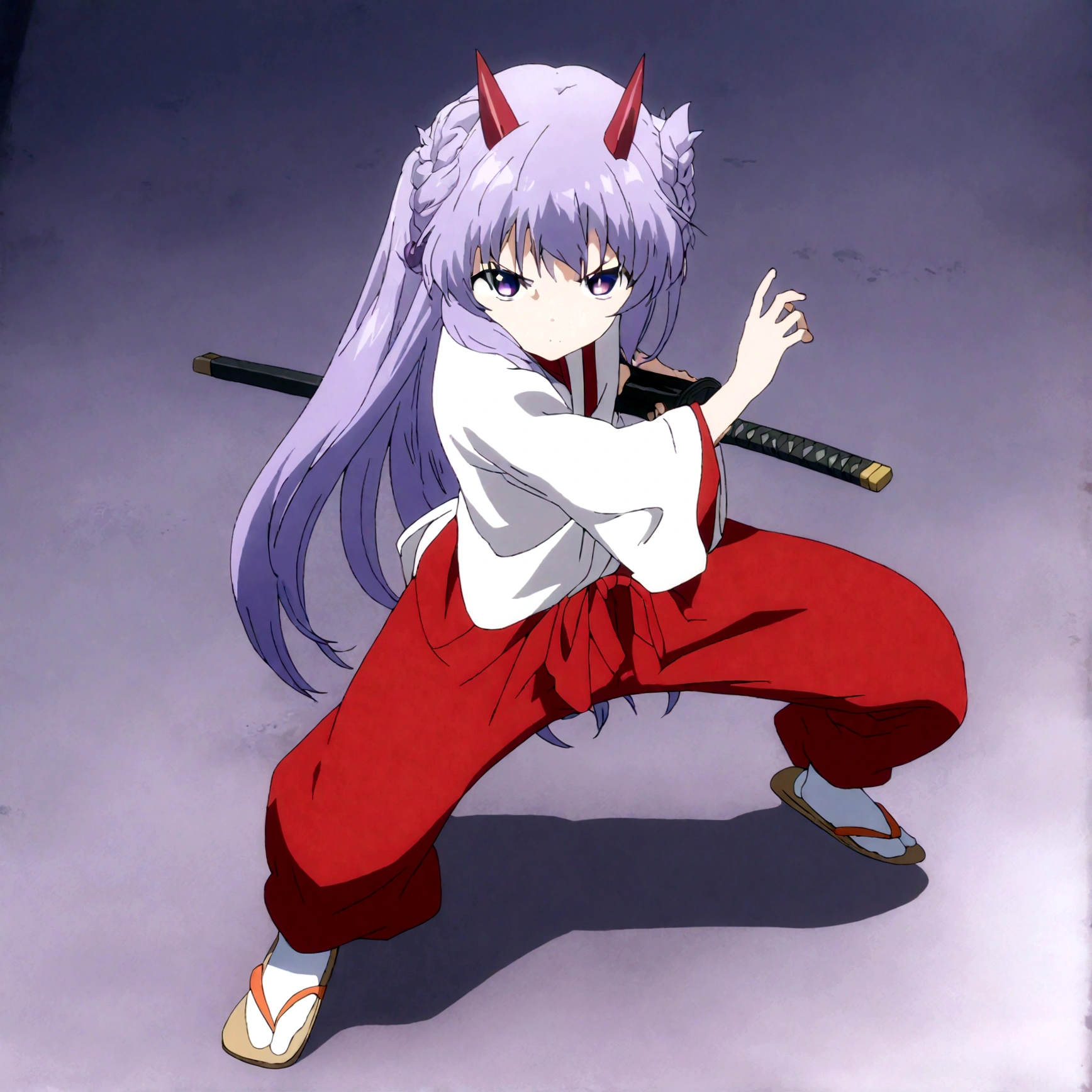 score_9, score_8_up, score_7_up, score_6_up, source_anime,BREAK , 1girl, hanyuu, solo, (tween:1.2), kawaii, ((horns)), medium breasts, purple eyes, purple hair, long hair, simple background, white background, japanese clothes, miko, skirt, hakama, hakama skirt, red detached sleeves, red hakama,iaidow,weapon, katana, holding sword, ready to draw, sheathed, unsheathing, scabbard, fighting stance, battoujutsu stance, dynamic angle, full body, looking up, kubrick stare, comiket, closed mouth, masterpiece, best quality, very aesthetic, absurdres ,straight-on,,anime screencap, anime coloring,,(cinematic lighting,professional lighting),cinematic shadows,backlighting