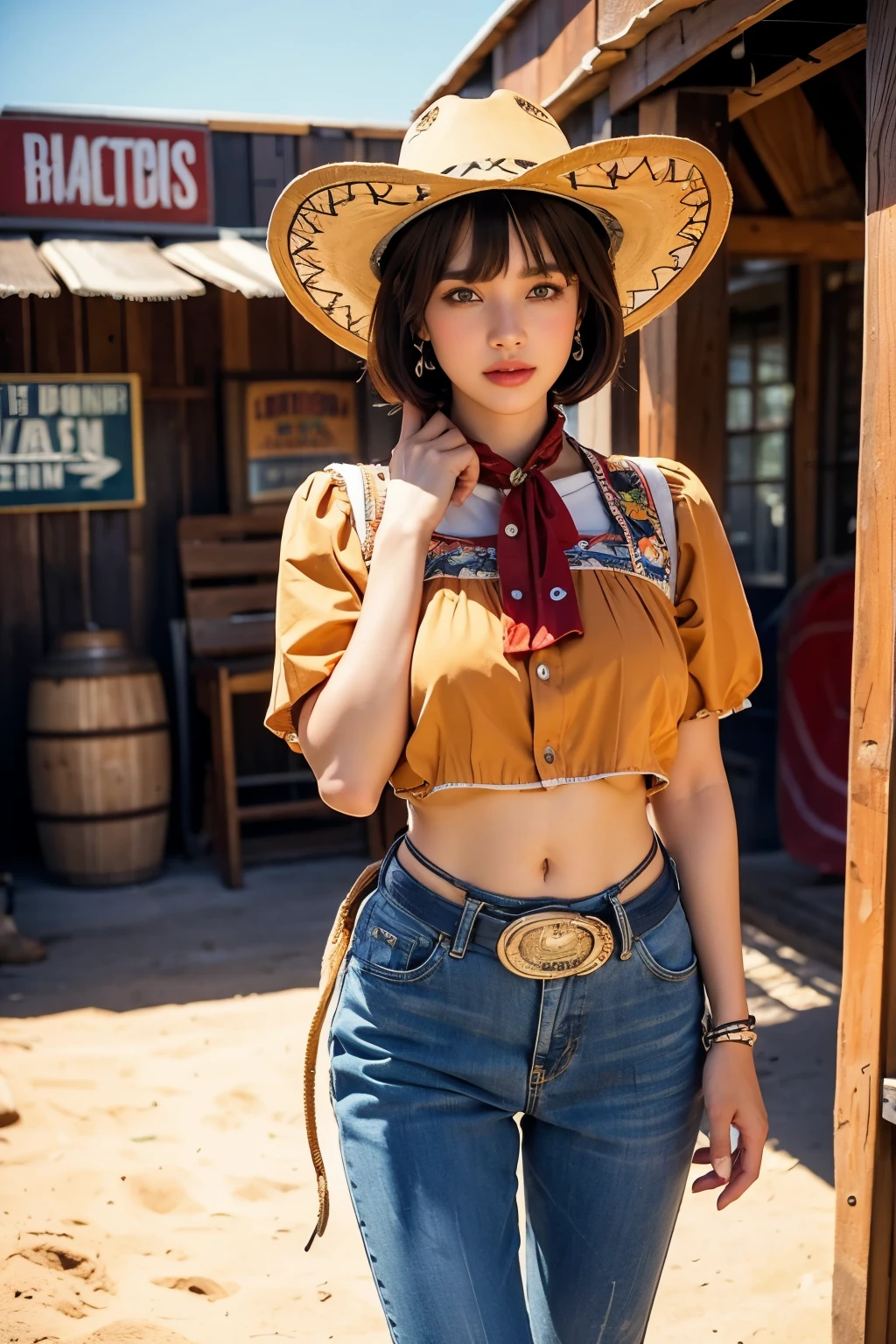 cowboy fashion, Vibrant Texas Landscape, groovy style, nostalgic atmosphere, vibrant tomb floor:0.2 Groovy image of a female cowboy in 80s outfit, Immerse yourself in the vibrant atmosphere of Texas. His attire reflects the fashion trends of the time., soft pattern. cowboy scene is full of dust., Vibrant Texas Sands, And the cowboy moves to the rhythm of the bait. The nostalgic atmosphere transports viewers back to the vibrant and energetic era of the 80s, Capturing the spirit of fun, , The self-expression and, black short hair with bangs, Midshot, central image, ultra detail, Very facial detail, Very eye-fine, female,