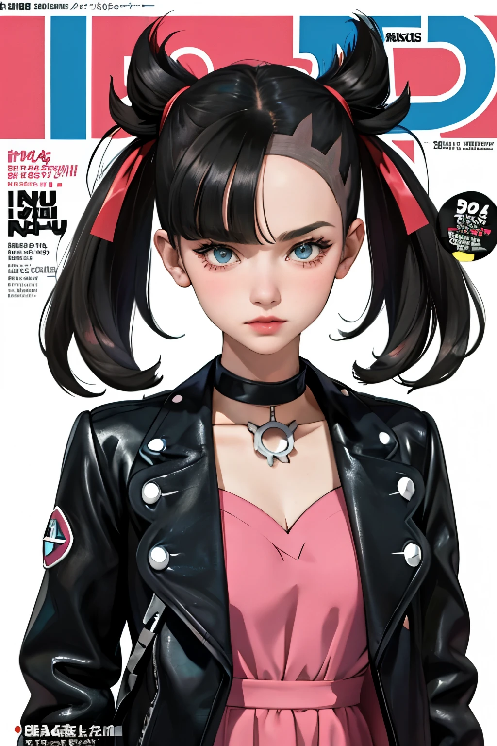 Marnie (pokemon), punk girl, masterpiece, best quality, highres, marnie, aqua eyes, choker, red ribbon, Side bangs, black hair, much hair, big breasts, black lether jacket, pink dress, masterpiece, best quality, spring outfit, colorful hair, outdoor, magazine cover ,upper body, adult, 26 years.