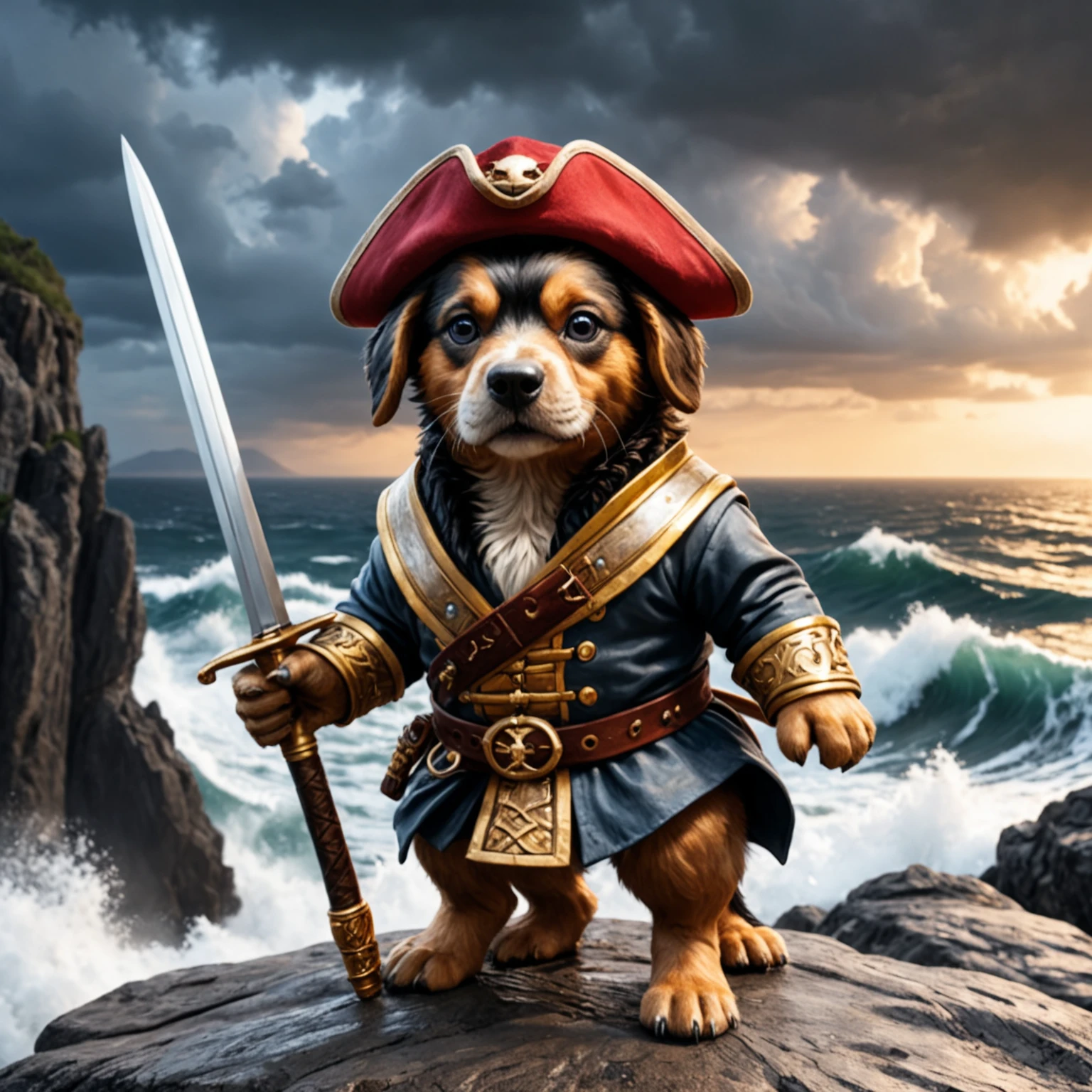 Corgi as joyful pirate captain standing on mast, masterpiece