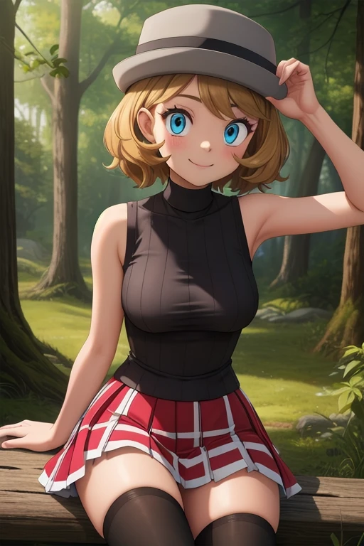 pkmnserena, 1girl, solo, blue eyes, blonde hair, short hair, bangs, hat, grey headwear,
black shirt, turtleneck, sleeveless, red skirt, pleated skirt, black thighhighs,
smile,closed mouth,cowboy shot,sitting,
forest,outdoor,
(insanely detailed, beautiful detailed face, masterpiece, best quality) cinematic lighting, sexy armpits