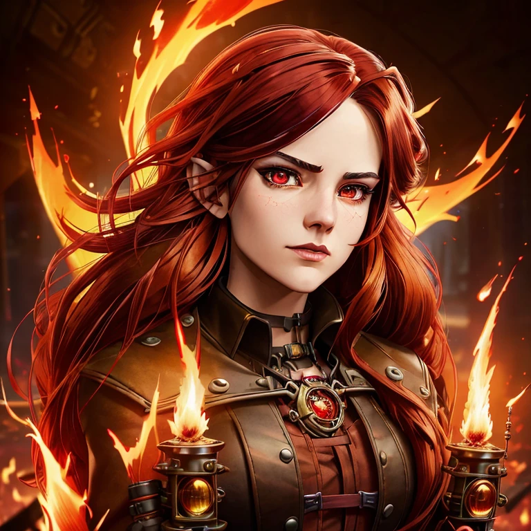 (girl with modest black and red steampunk outfit, steampunk goggles on forehead), elf ears, wide shot, full body, front view, (((crimson eyes))), crimson hair, long hair, ((perfect hands)), gold necklace with red gem, flames surround her, wreathed in flame, global illumination, determined look at the viewer, illustrations, high-quality, ultra-detailed, vivid colors, portraits, warm color tones, soft lighting, long flowing red hair, leather corset, mechanical accessories, industrial background, intense expression, flaming red eyes, (infernal aura), standing before a roaring bonfire, passionate expression, twilight, fiery landscape, crackling flames, intense atmosphere, (crackling embers), (dancing flames), Ignia, fiery eyes, background of blazing inferno