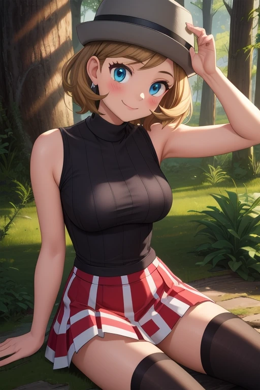 pkmnserena, 1girl, solo, blue eyes, blonde hair, short hair, bangs, hat, grey headwear,
black shirt, turtleneck, sleeveless, red skirt, pleated skirt, black thighhighs,
smile,closed mouth,cowboy shot,sitting,
forest,outdoor,
(insanely detailed, beautiful detailed face, masterpiece, best quality) cinematic lighting, sexy armpits